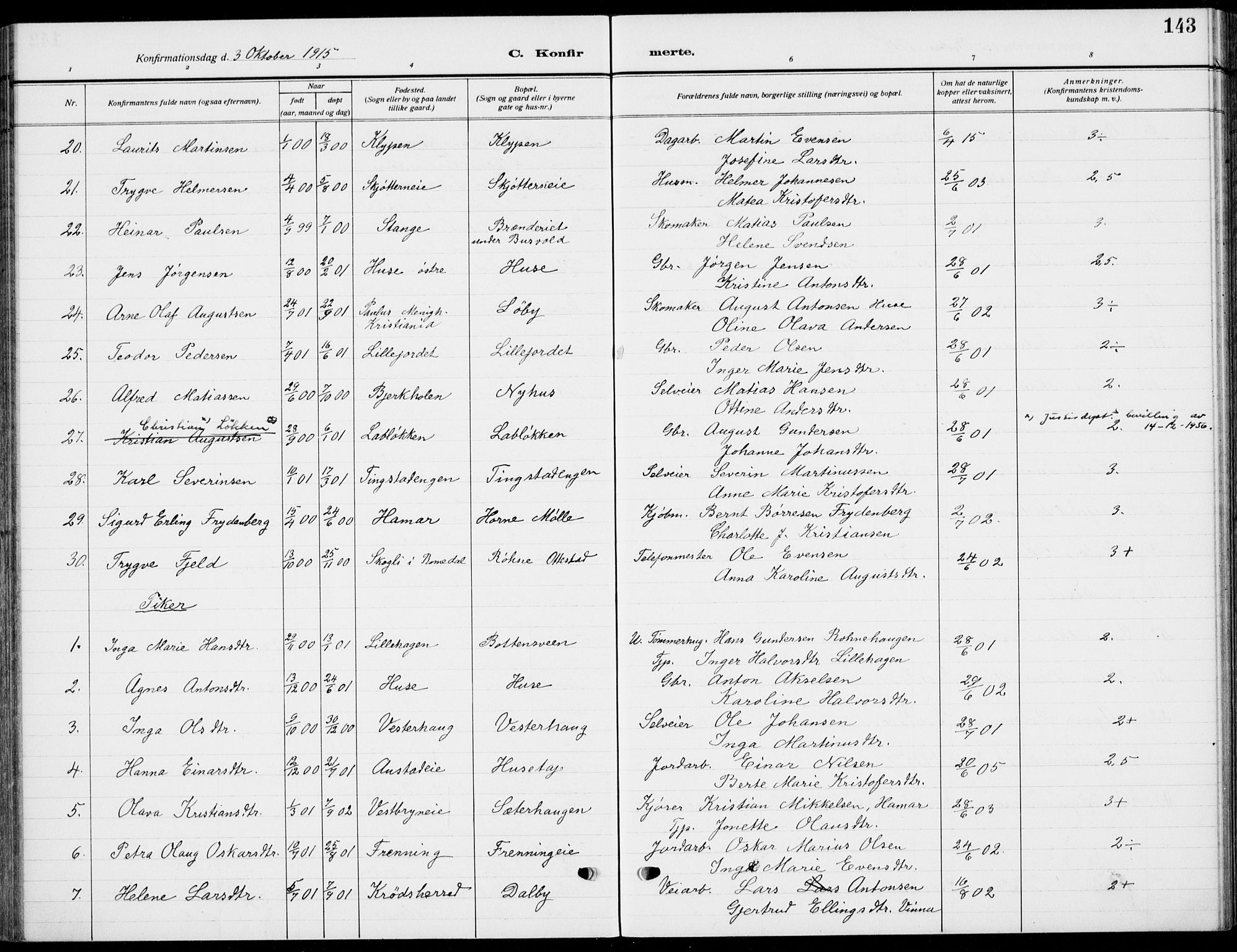 Romedal prestekontor, AV/SAH-PREST-004/K/L0012: Parish register (official) no. 12, 1913-1935, p. 143