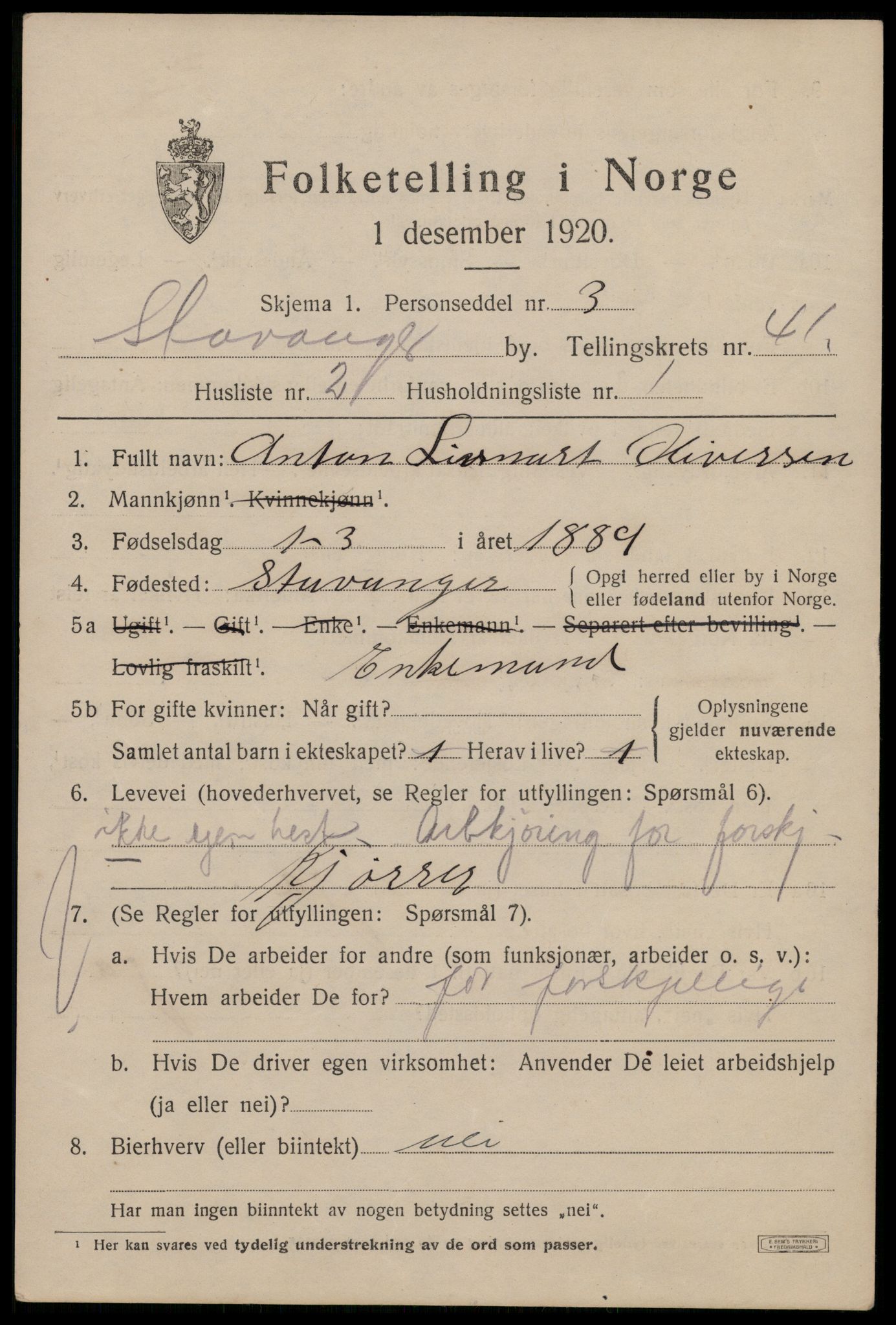 SAST, 1920 census for Stavanger, 1920, p. 103600