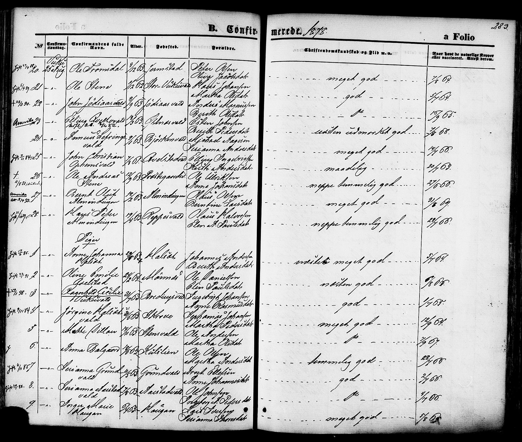 Ministerialprotokoller, klokkerbøker og fødselsregistre - Nord-Trøndelag, SAT/A-1458/723/L0242: Parish register (official) no. 723A11, 1870-1880, p. 283