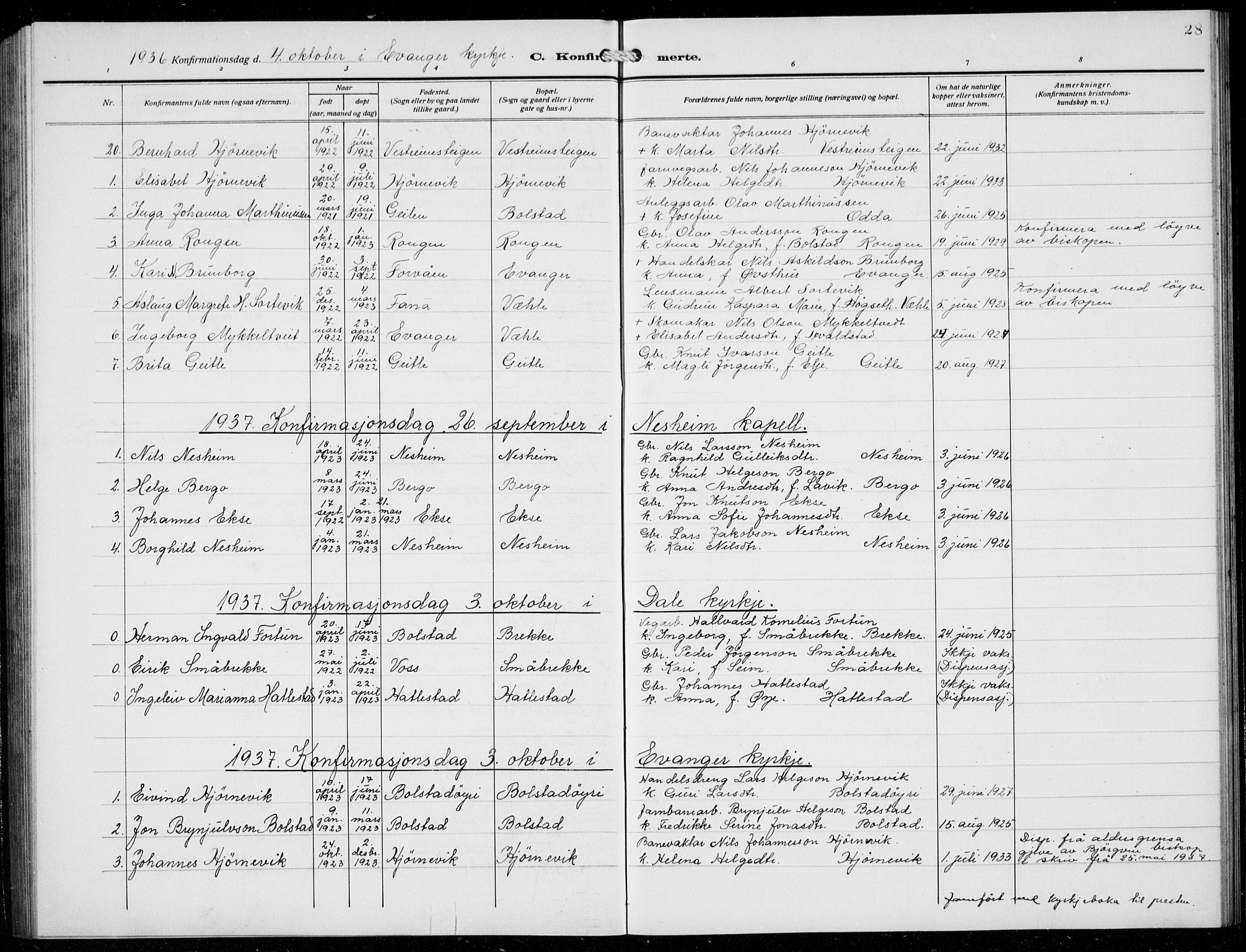 Evanger sokneprestembete, SAB/A-99924: Parish register (copy) no. A 6, 1918-1941, p. 28