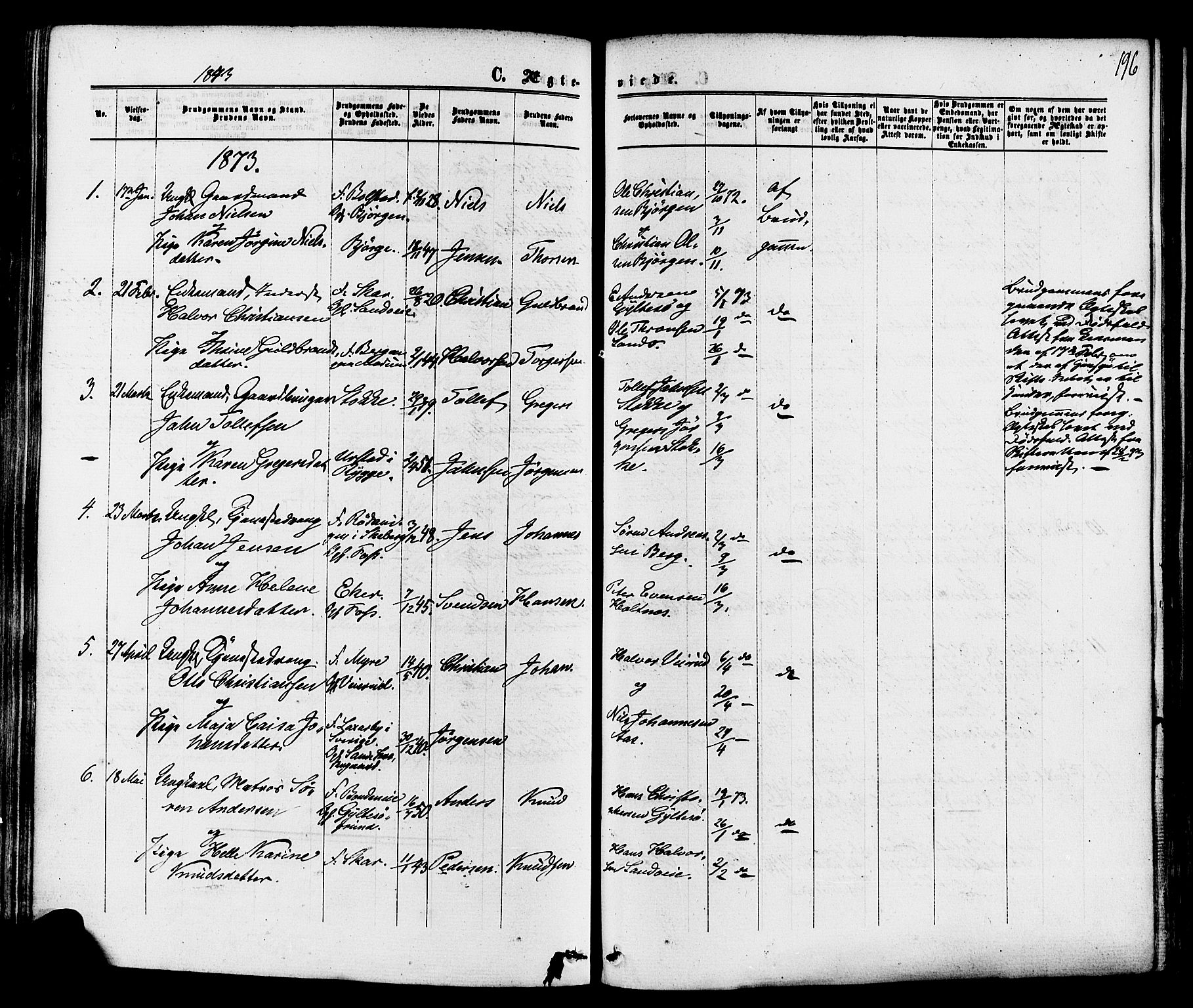Sande Kirkebøker, SAKO/A-53/F/Fa/L0005: Parish register (official) no. 5, 1865-1877, p. 196