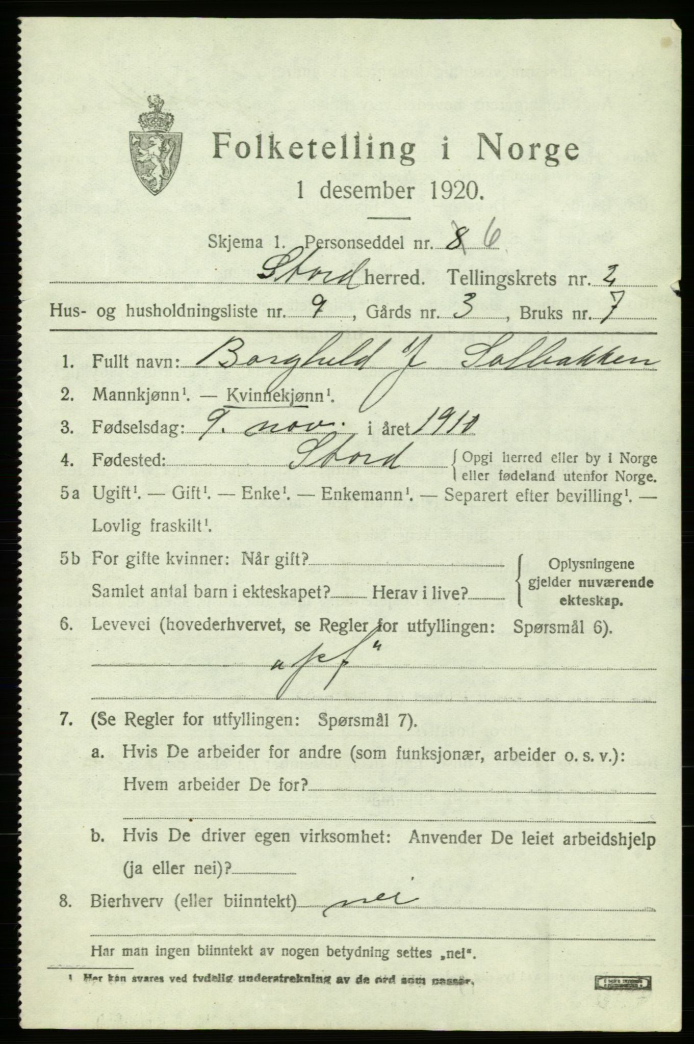 SAB, 1920 census for Stord, 1920, p. 1673