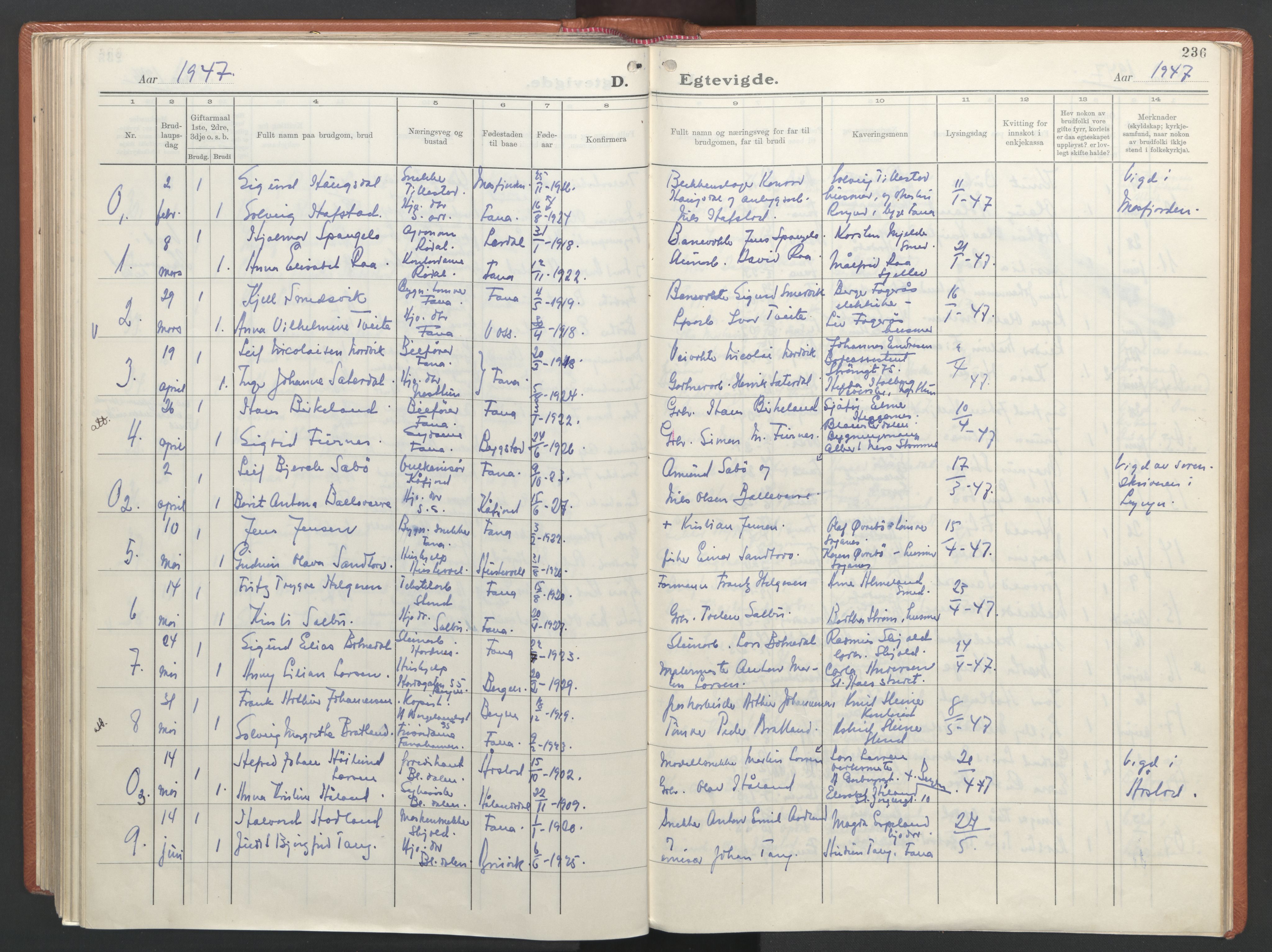 Fana Sokneprestembete, AV/SAB-A-75101/H/Haa/Haab/L0007: Parish register (official) no. B 7, 1934-1947, p. 236