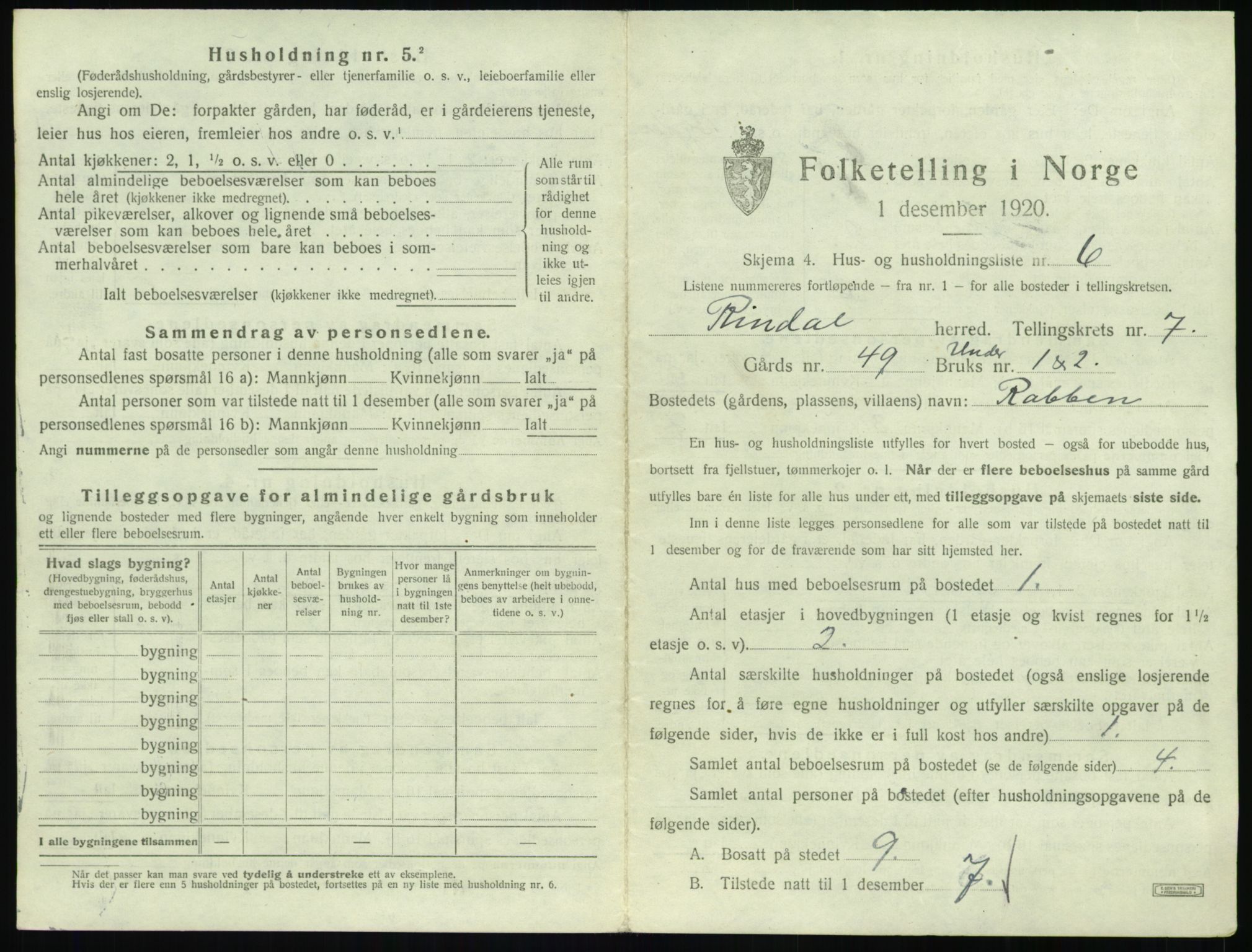 SAT, 1920 census for Rindal, 1920, p. 480