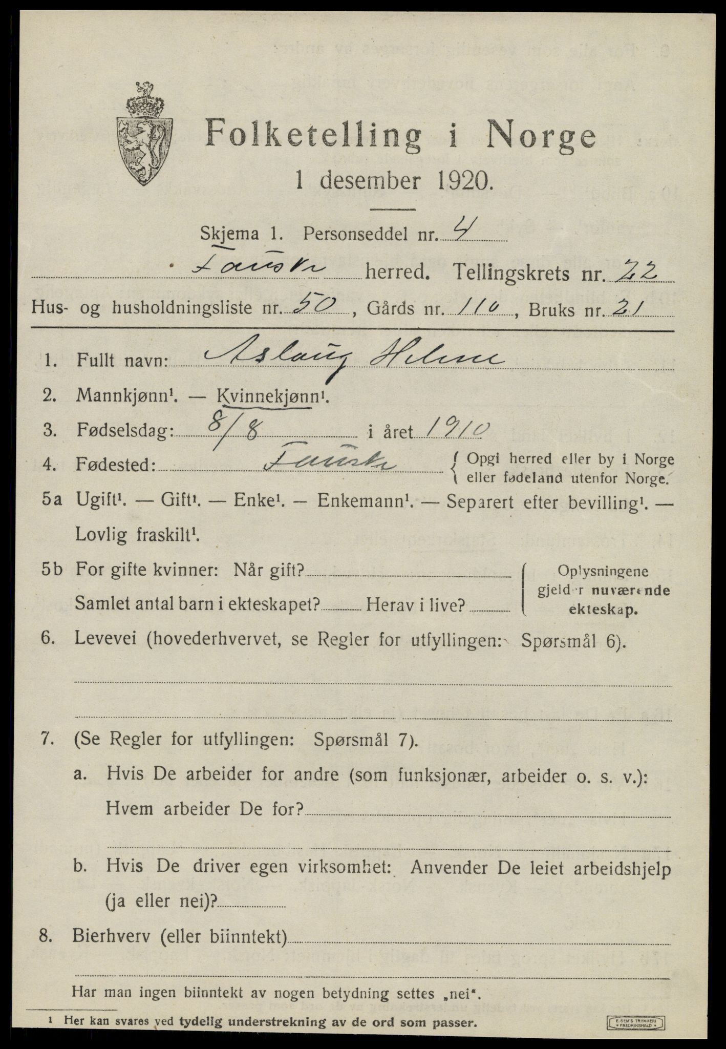 SAT, 1920 census for Fauske, 1920, p. 14162