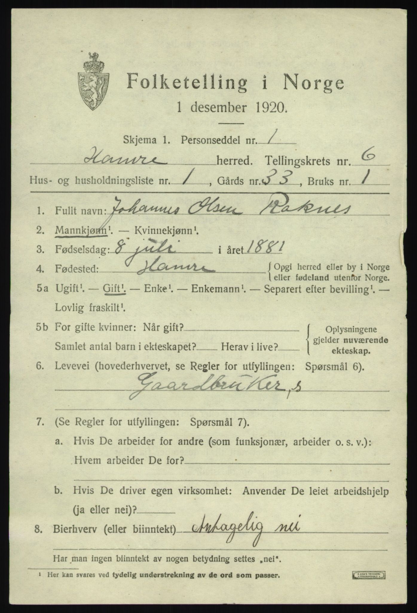 SAB, 1920 census for Hamre, 1920, p. 3449