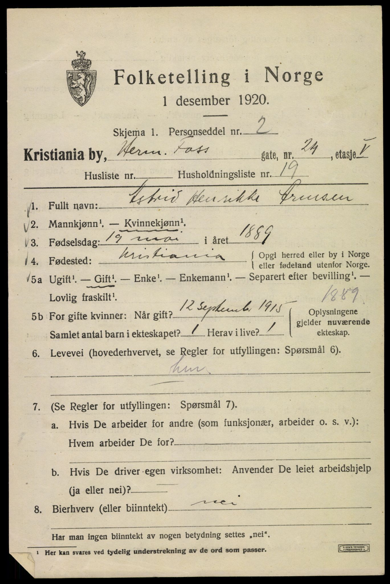 SAO, 1920 census for Kristiania, 1920, p. 289107