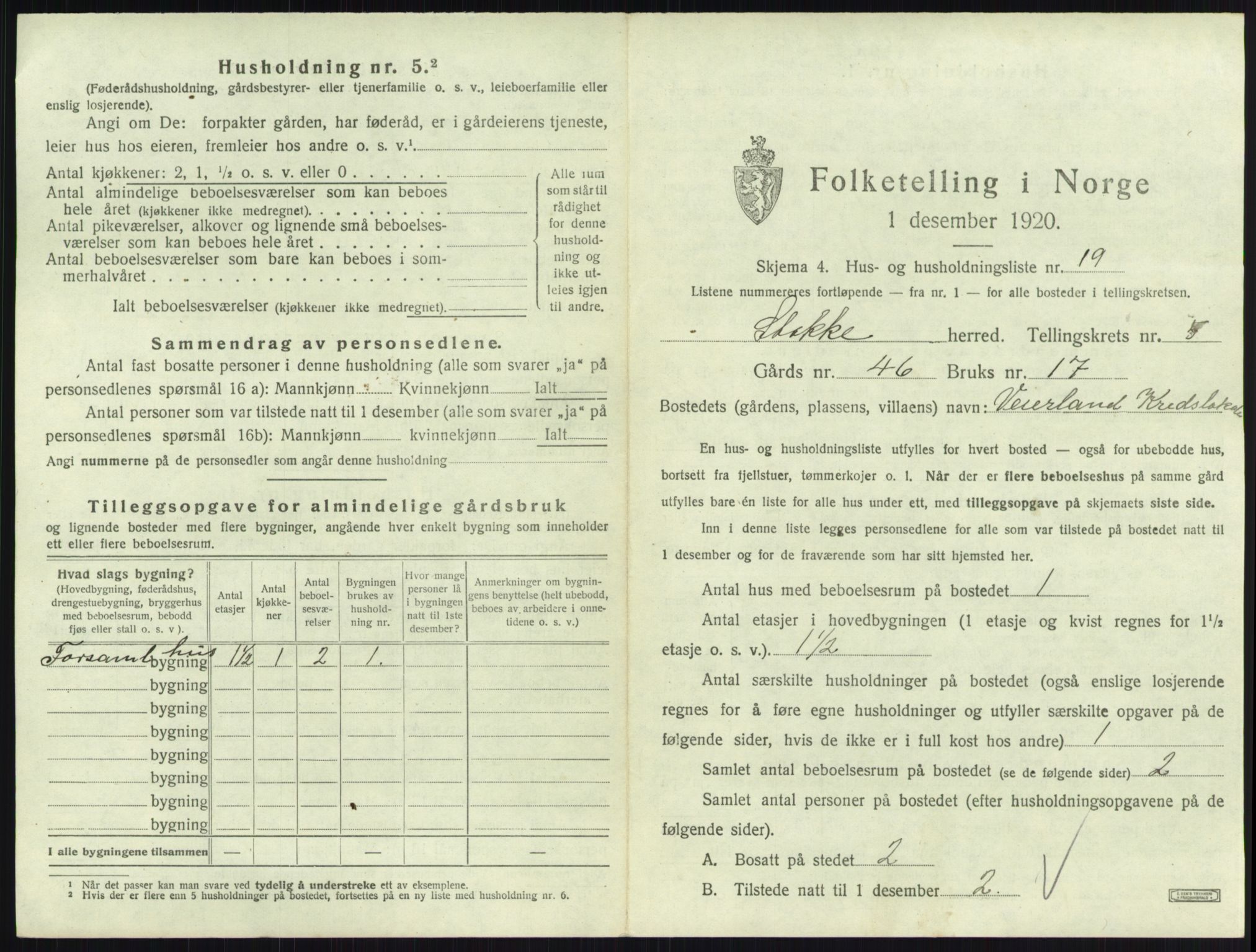 SAKO, 1920 census for Stokke, 1920, p. 1019