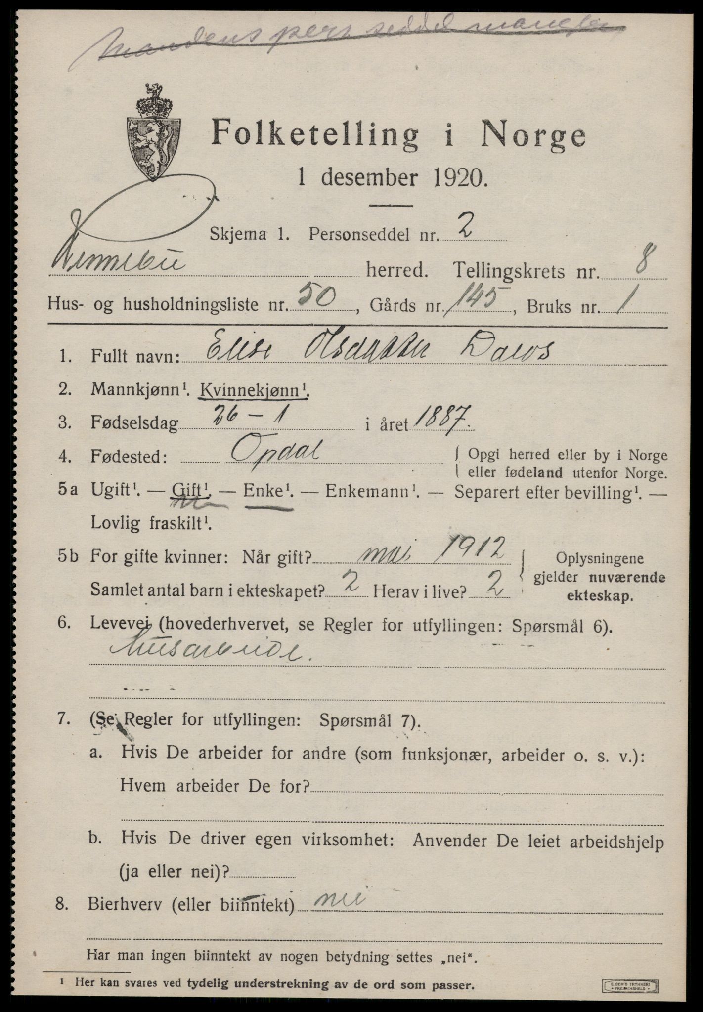 SAT, 1920 census for Rennebu, 1920, p. 5808