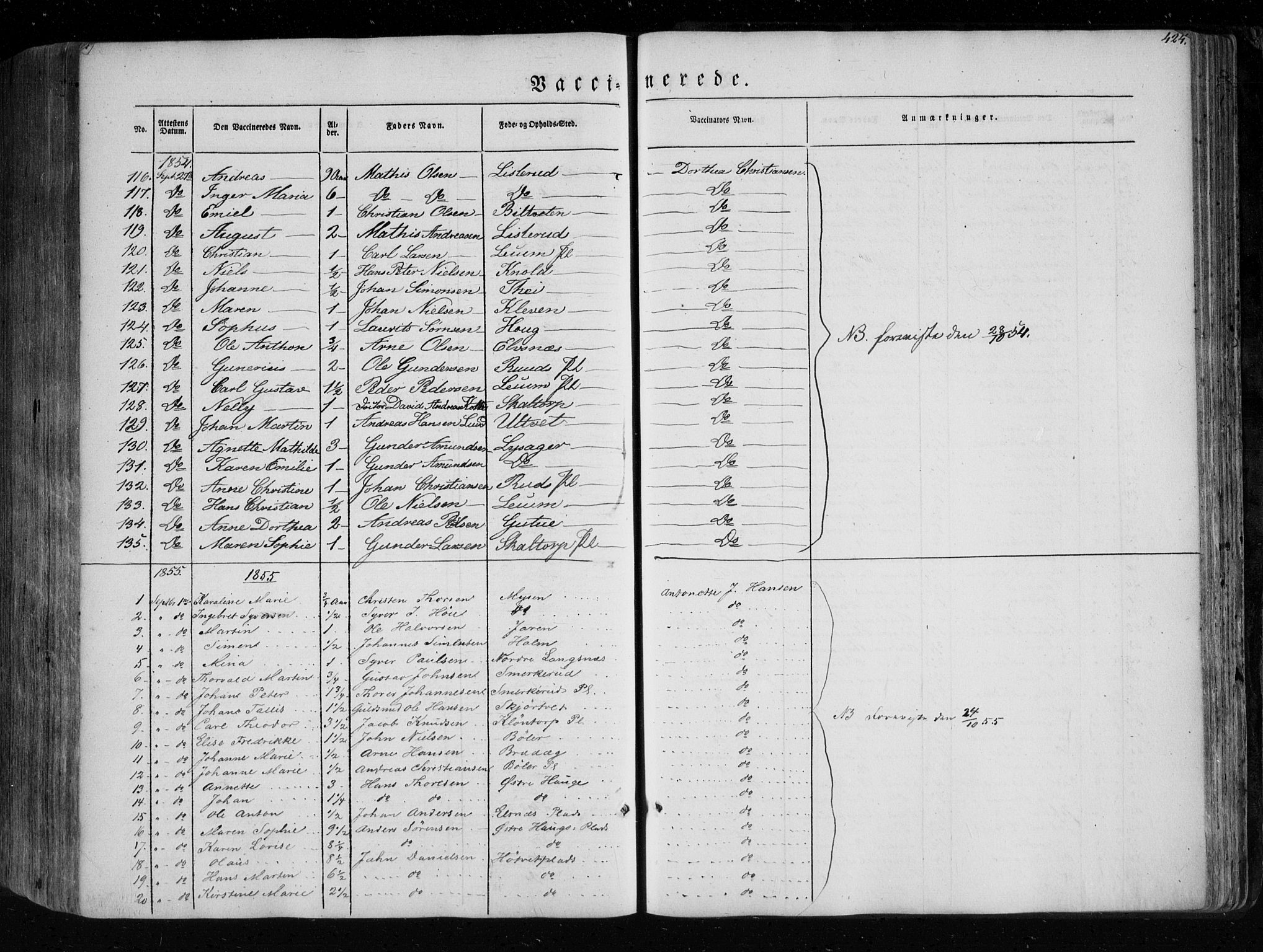 Eidsberg prestekontor Kirkebøker, SAO/A-10905/F/Fa/L0009: Parish register (official) no. I 9, 1849-1856, p. 424