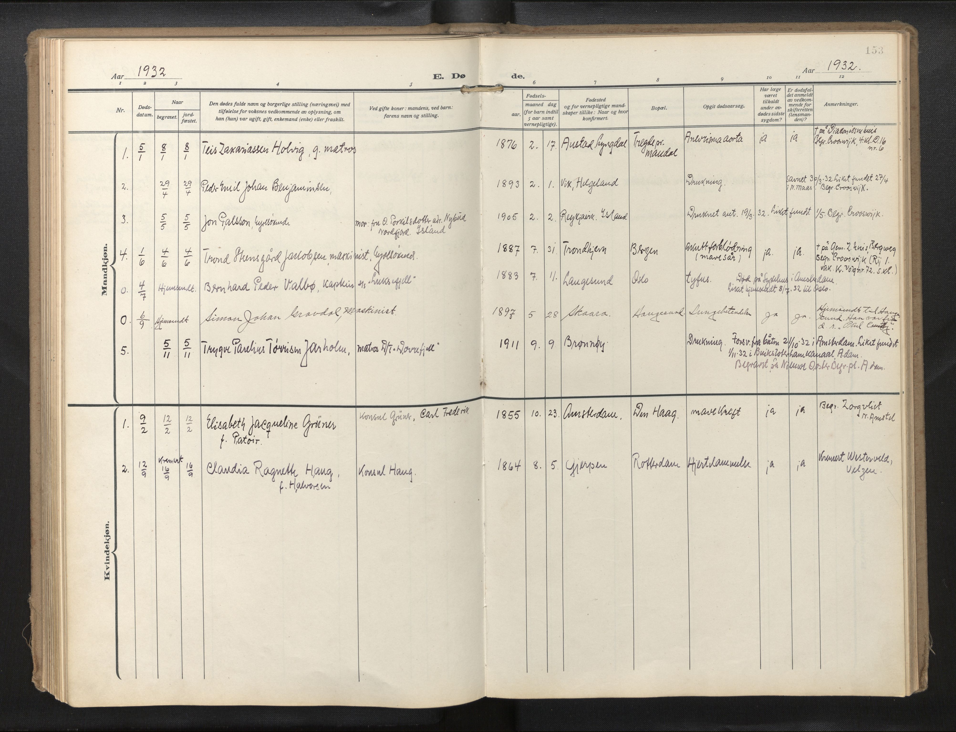 Den norske sjømannsmisjon i utlandet/Hollandske havner (Amsterdam-Rotterdam-Europort), AV/SAB-SAB/PA-0106/H/Ha/Haa/L0004: Parish register (official) no. A 4, 1928-1956, p. 152b-153a