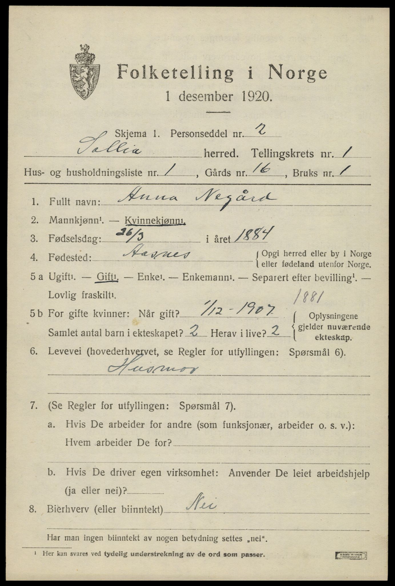 SAH, 1920 census for Sollia, 1920, p. 185