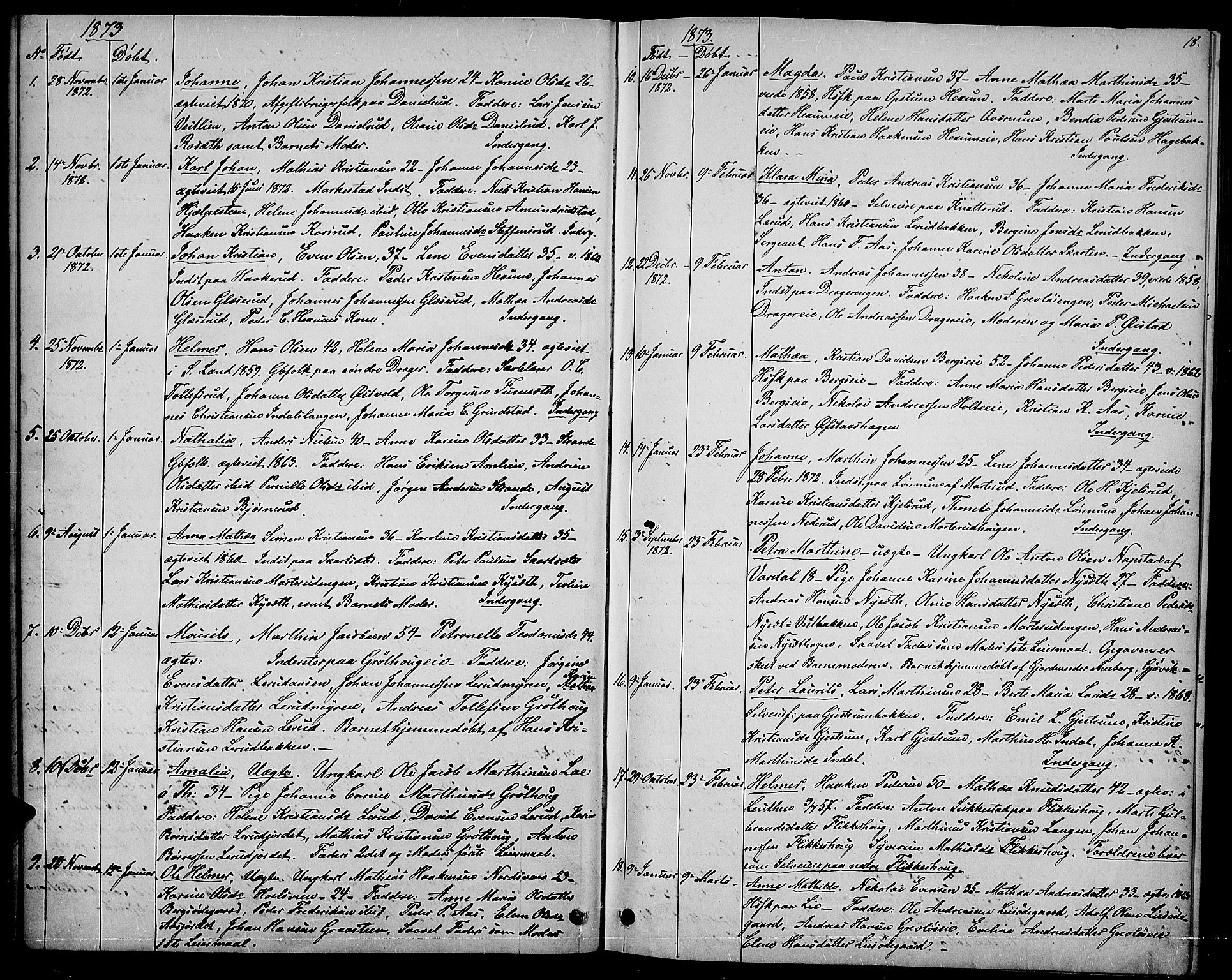 Vestre Toten prestekontor, SAH/PREST-108/H/Ha/Hab/L0006: Parish register (copy) no. 6, 1870-1887, p. 18