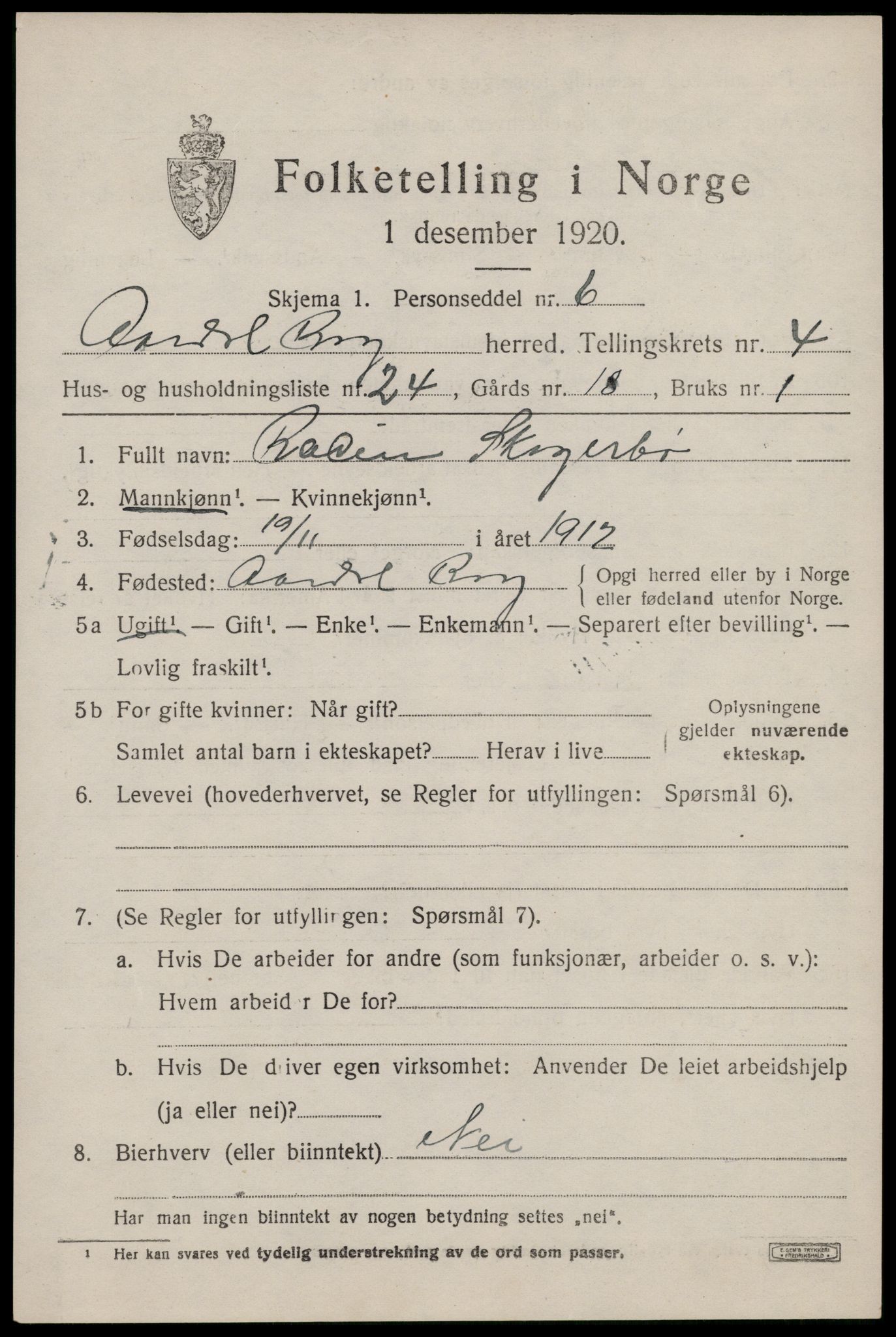 SAST, 1920 census for Årdal, 1920, p. 1464