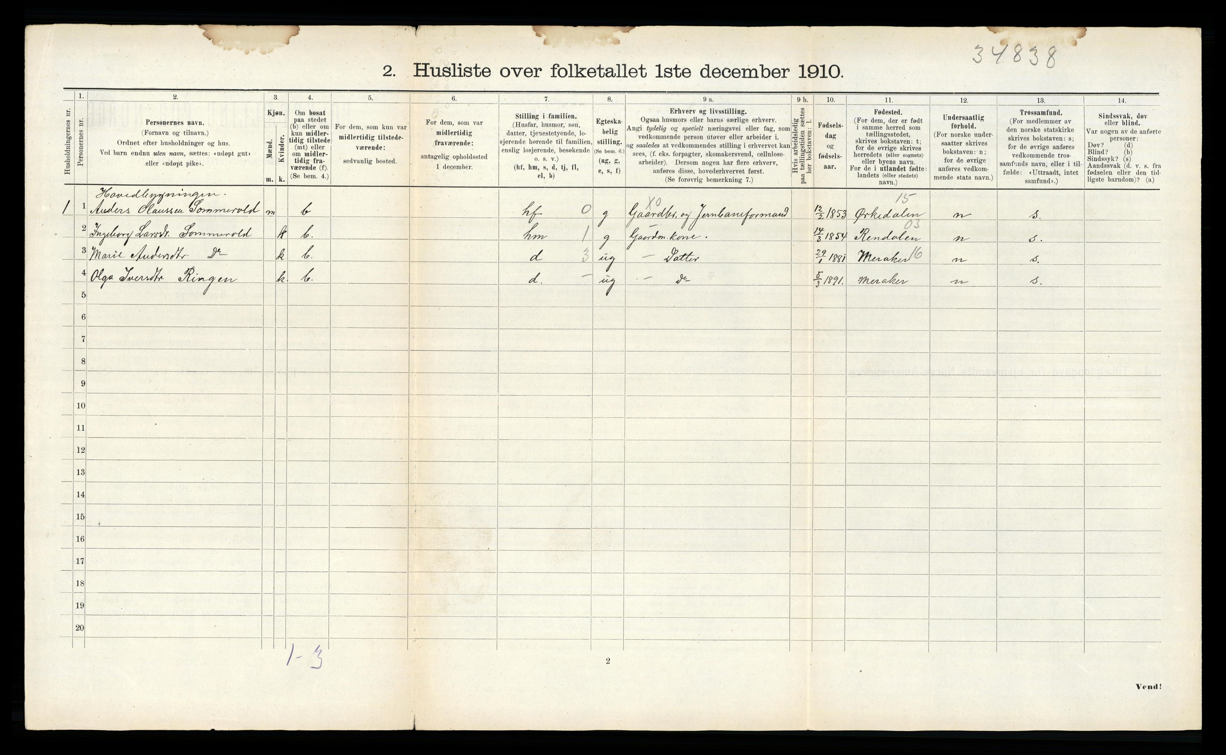 RA, 1910 census for Sparbu, 1910, p. 313