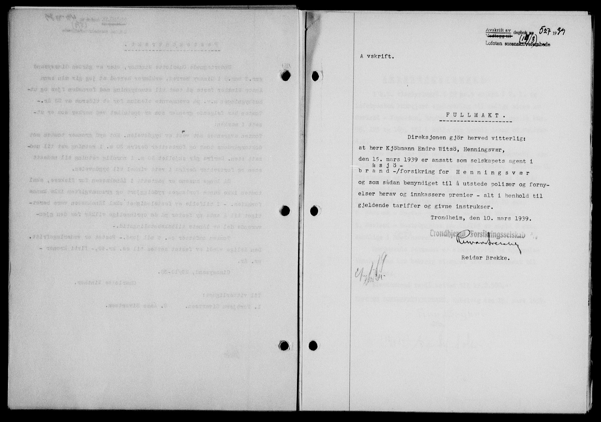 Lofoten sorenskriveri, SAT/A-0017/1/2/2C/L0005a: Mortgage book no. 5a, 1939-1939, Diary no: : 527/1939