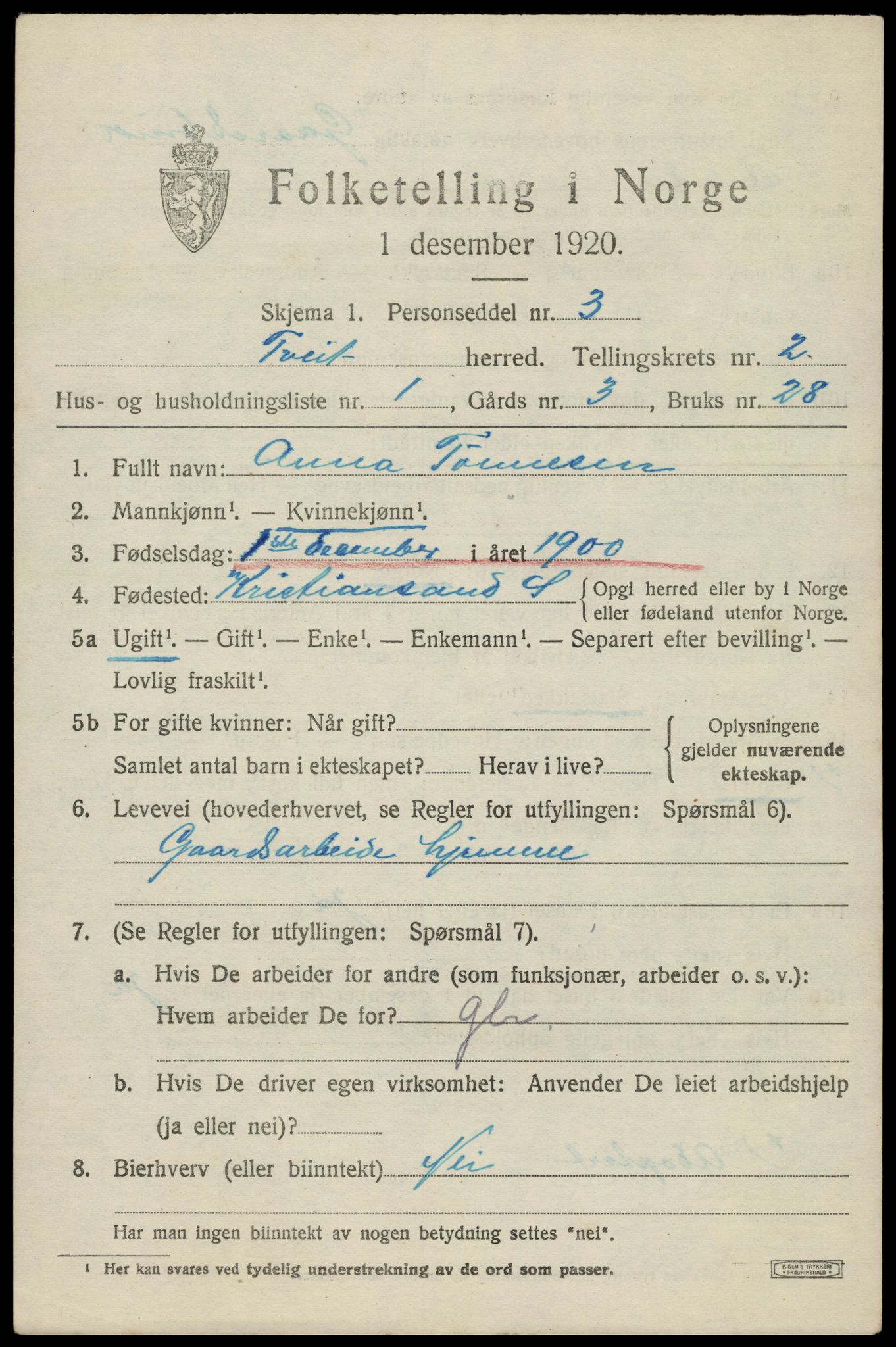 SAK, 1920 census for Tveit, 1920, p. 1230