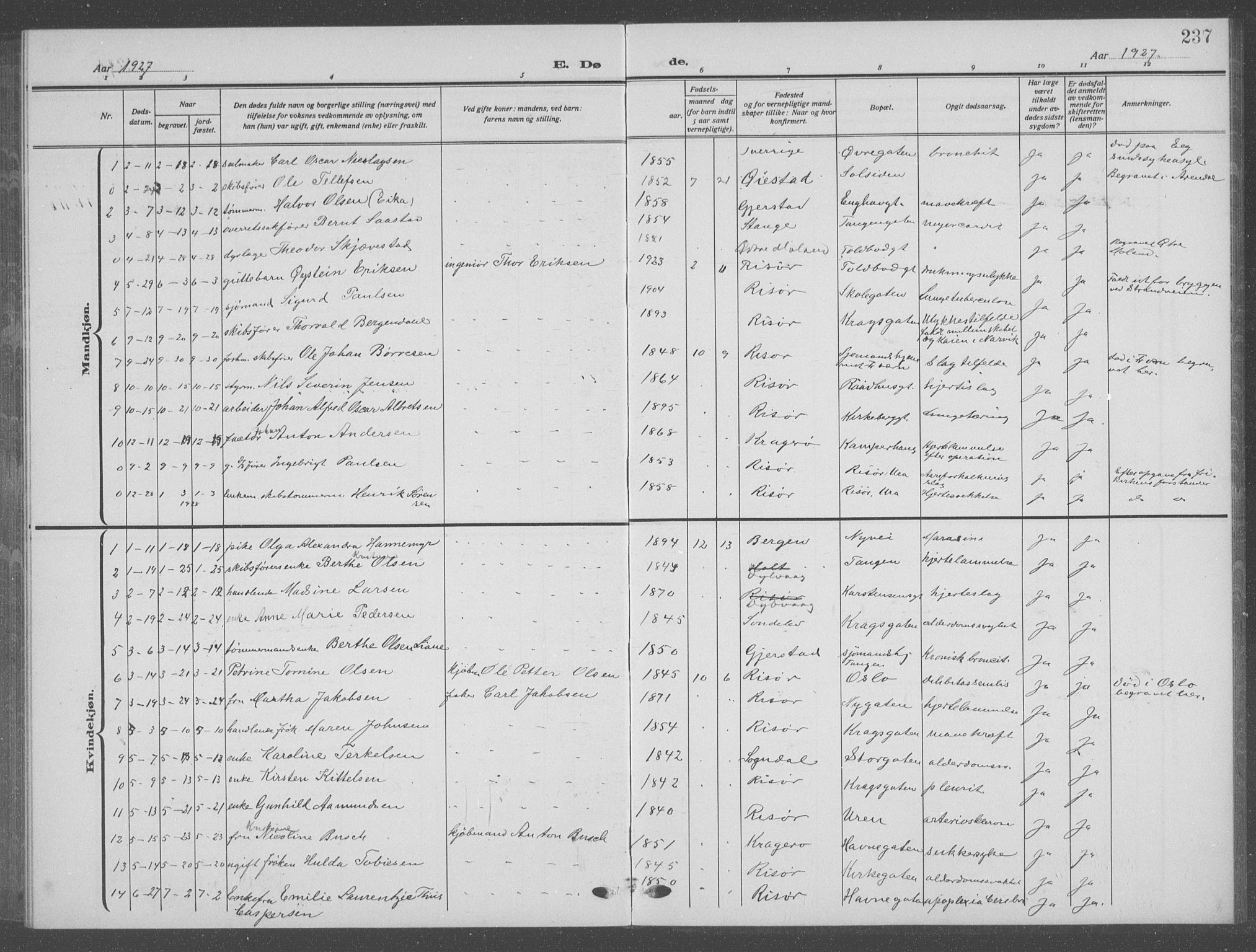 Risør sokneprestkontor, SAK/1111-0035/F/Fb/L0009: Parish register (copy) no. B 9, 1922-1939, p. 237