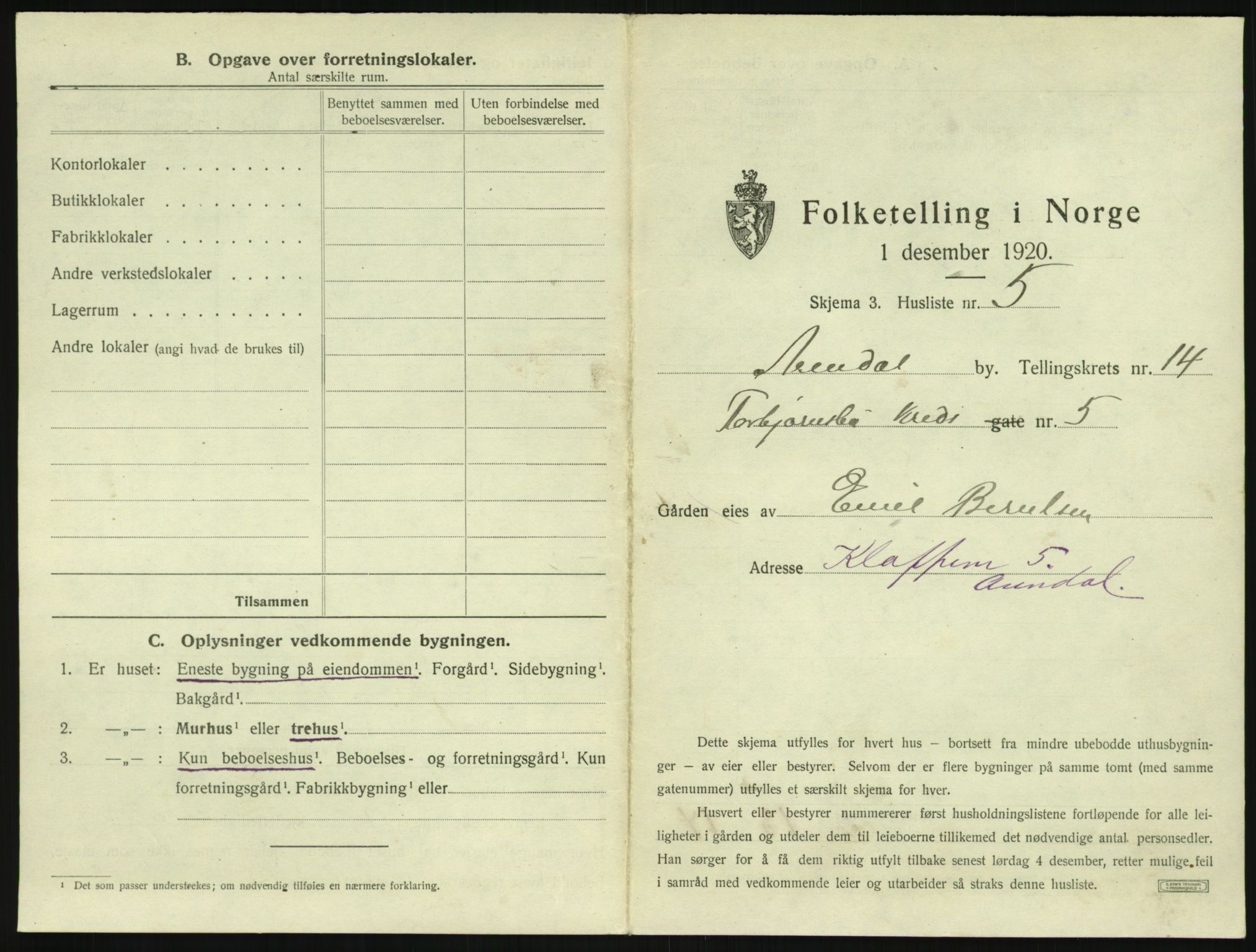 SAK, 1920 census for Arendal, 1920, p. 1976