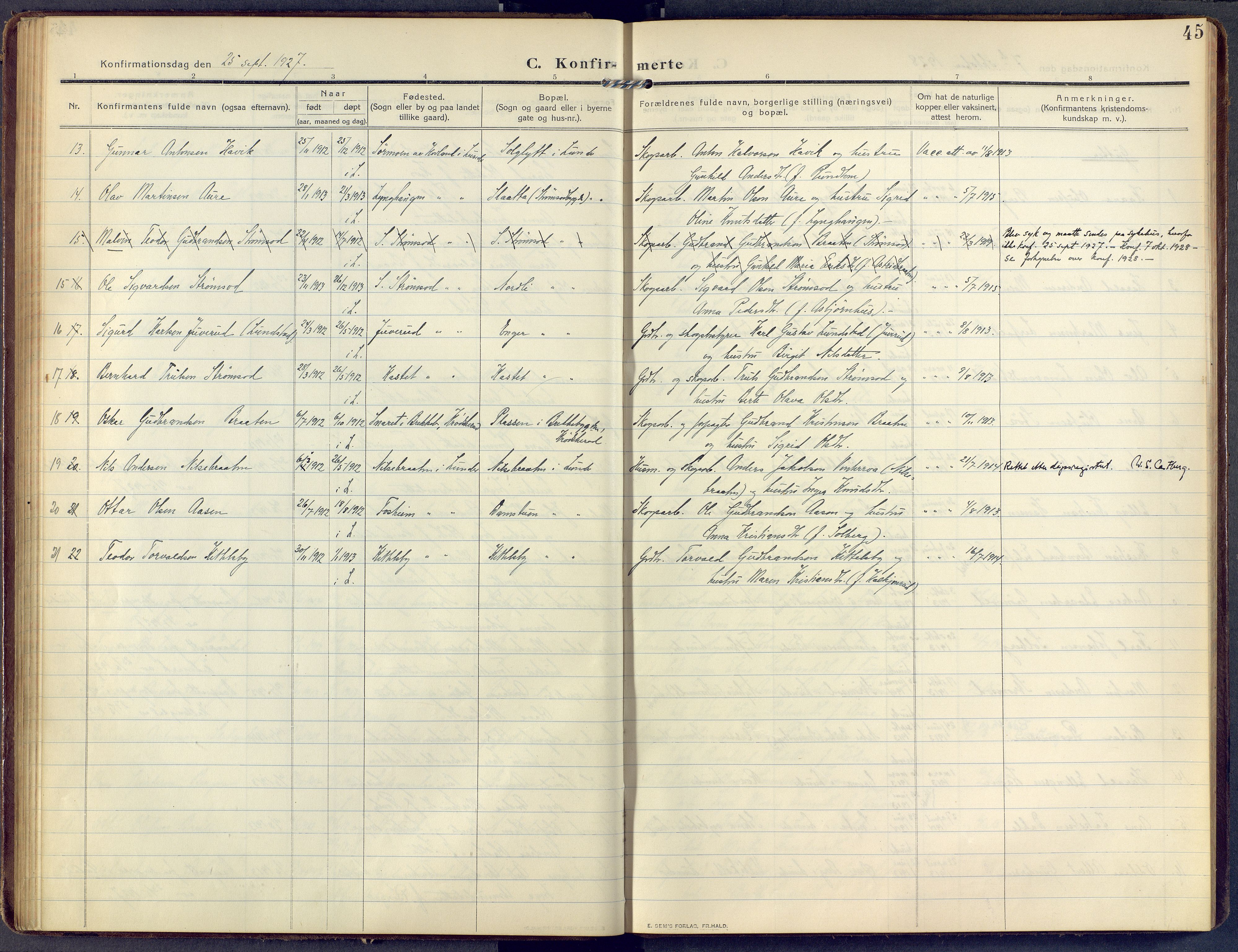 Lunder kirkebøker, AV/SAKO-A-629/F/Fa/L0002: Parish register (official) no. I 2, 1906-1947, p. 45