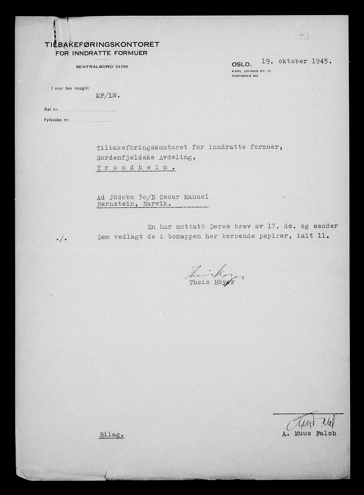 Justisdepartementet, Tilbakeføringskontoret for inndratte formuer, AV/RA-S-1564/H/Hc/Hcb/L0910: --, 1945-1947, p. 252