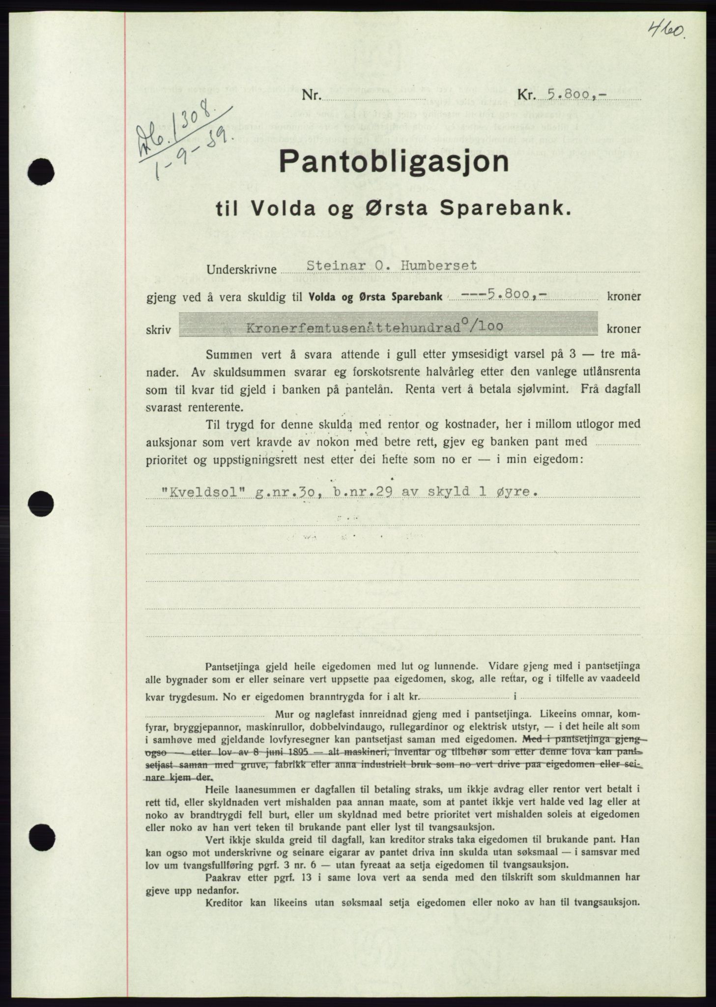 Søre Sunnmøre sorenskriveri, AV/SAT-A-4122/1/2/2C/L0068: Mortgage book no. 62, 1939-1939, Diary no: : 1308/1939