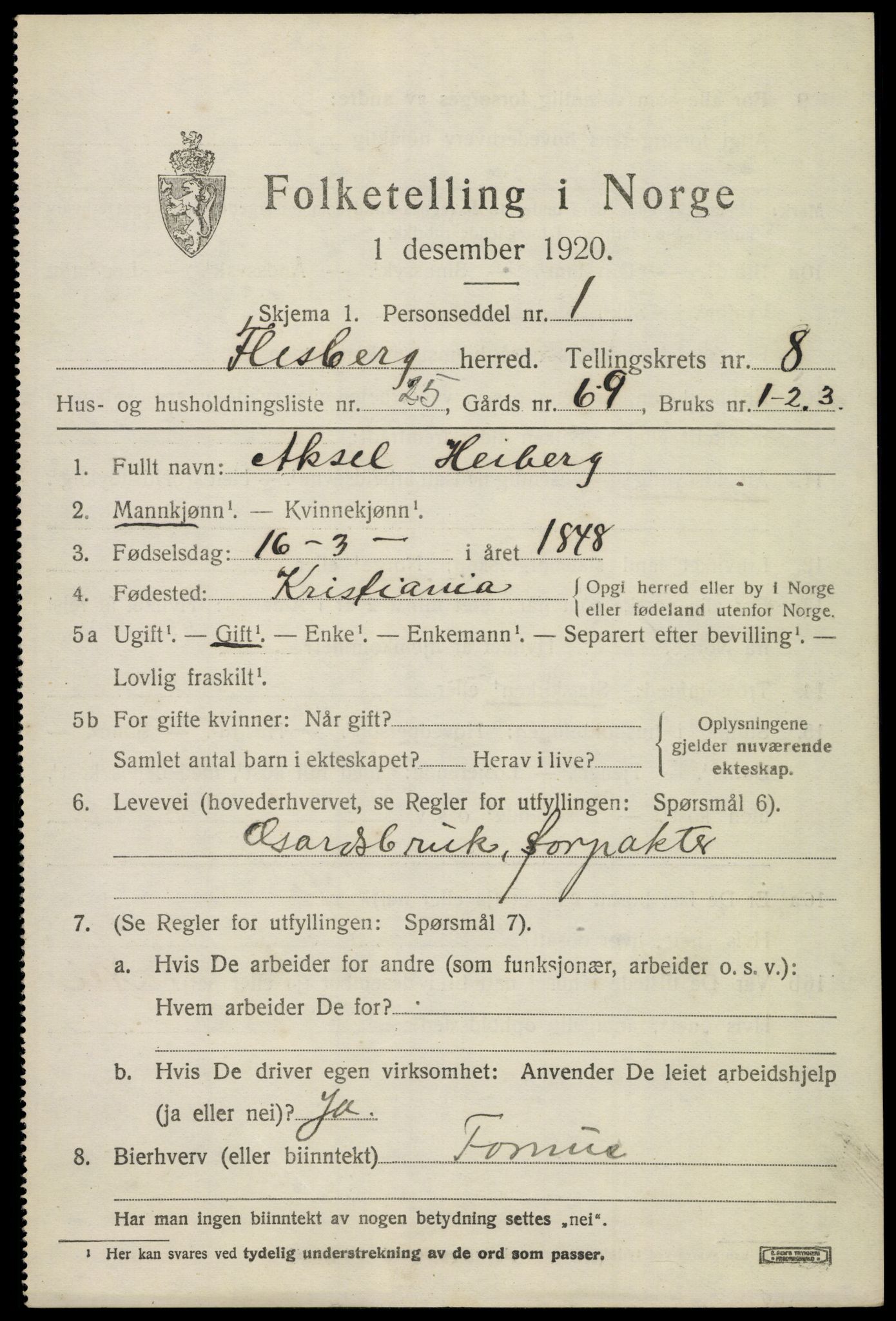 SAKO, 1920 census for Flesberg, 1920, p. 3311