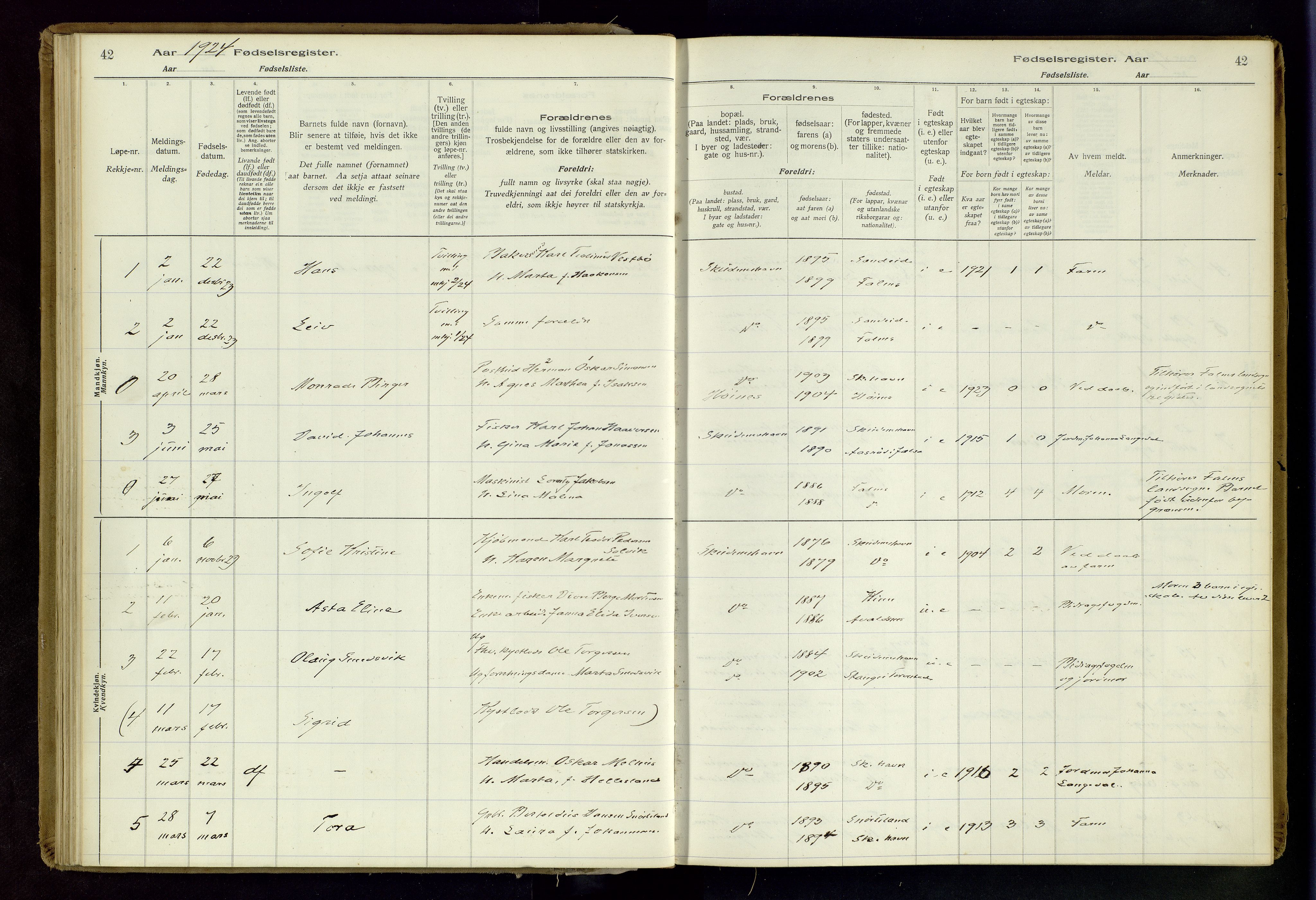 Skudenes sokneprestkontor, SAST/A -101849/I/Id/L0003: Birth register no. 3, 1916-1964, p. 42