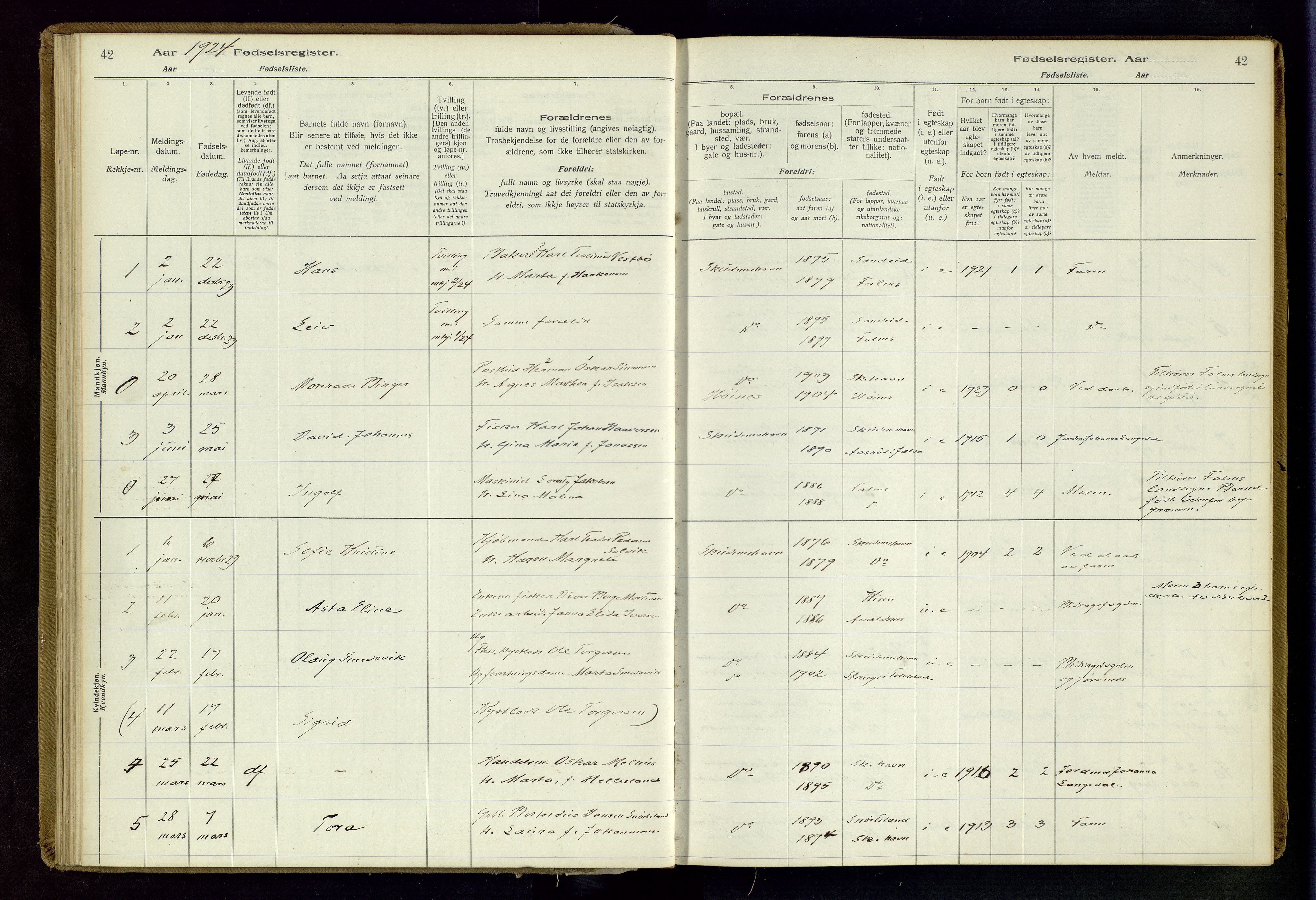 Skudenes sokneprestkontor, AV/SAST-A -101849/I/Id/L0003: Birth register no. 3, 1916-1964, p. 42