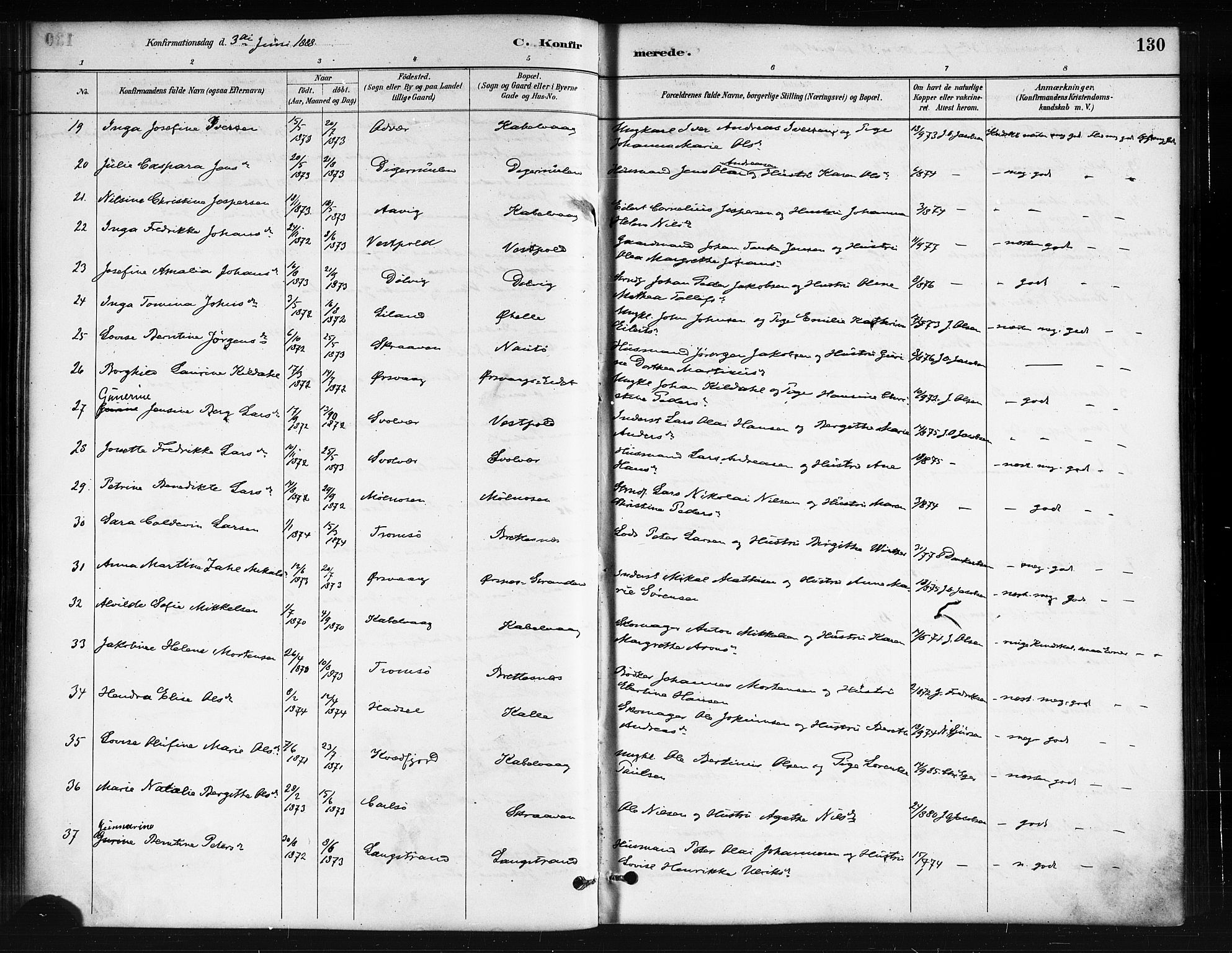 Ministerialprotokoller, klokkerbøker og fødselsregistre - Nordland, AV/SAT-A-1459/874/L1059: Parish register (official) no. 874A03, 1884-1890, p. 130