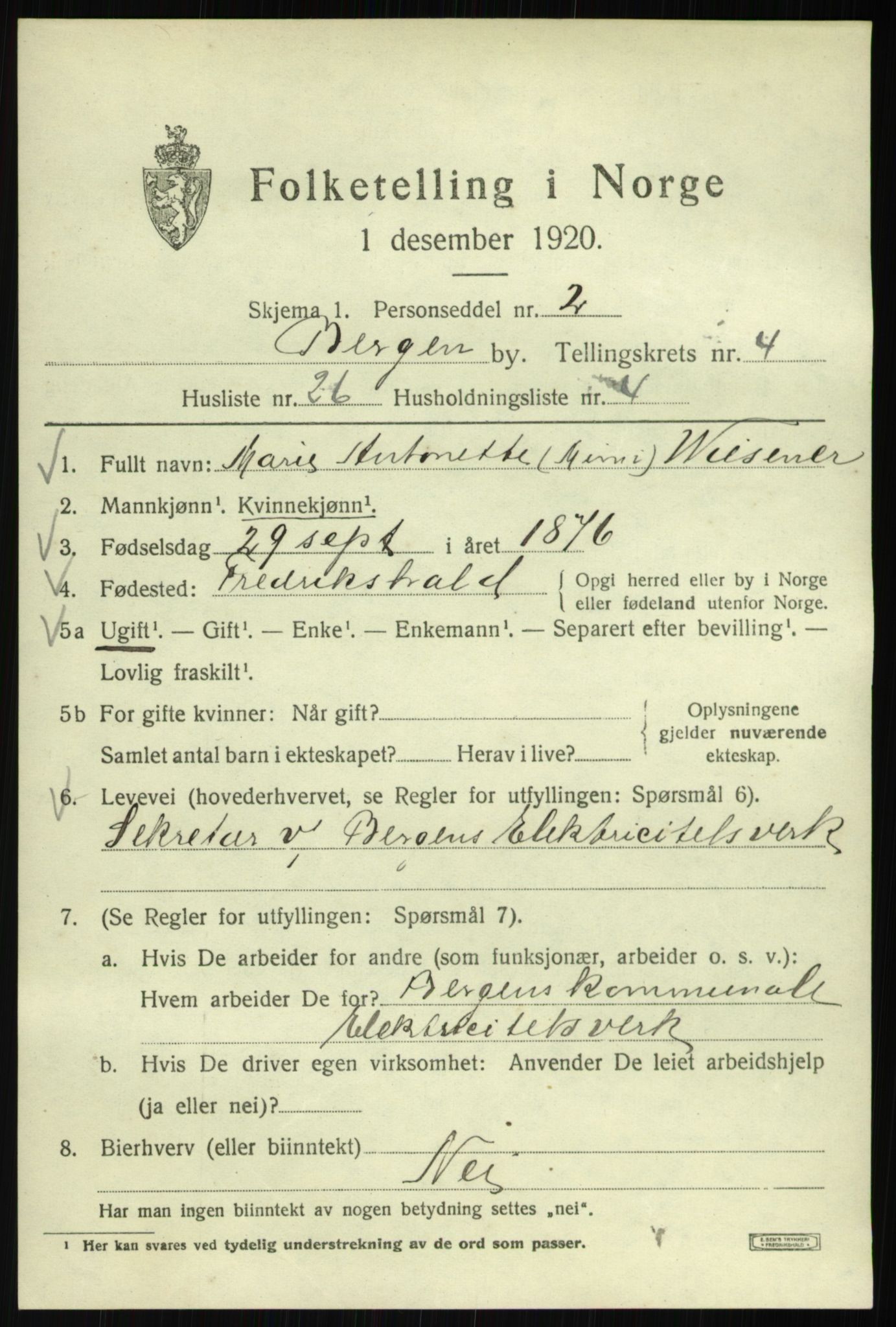 SAB, 1920 census for Bergen, 1920, p. 64536