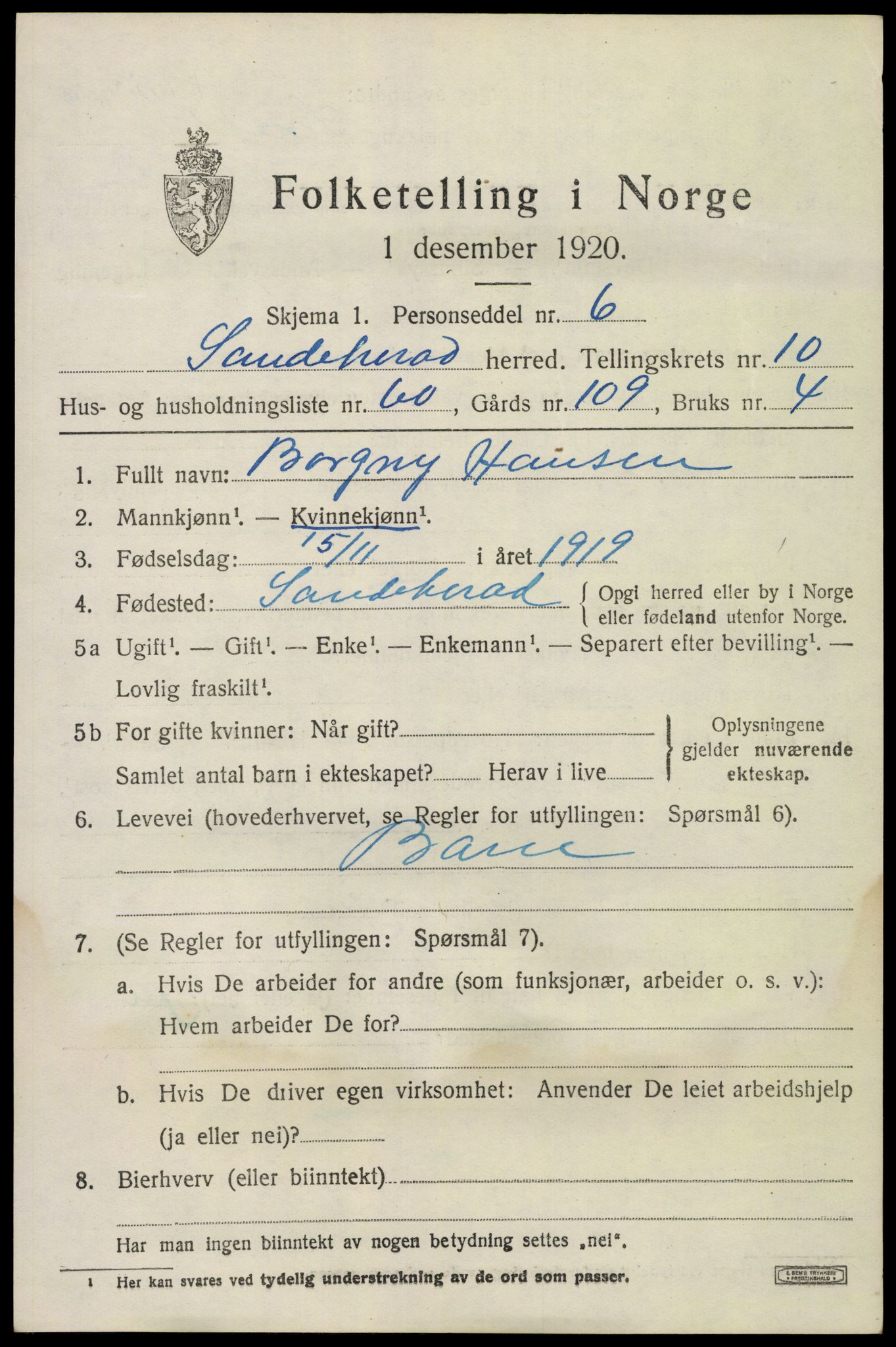 SAKO, 1920 census for Sandeherred, 1920, p. 15280