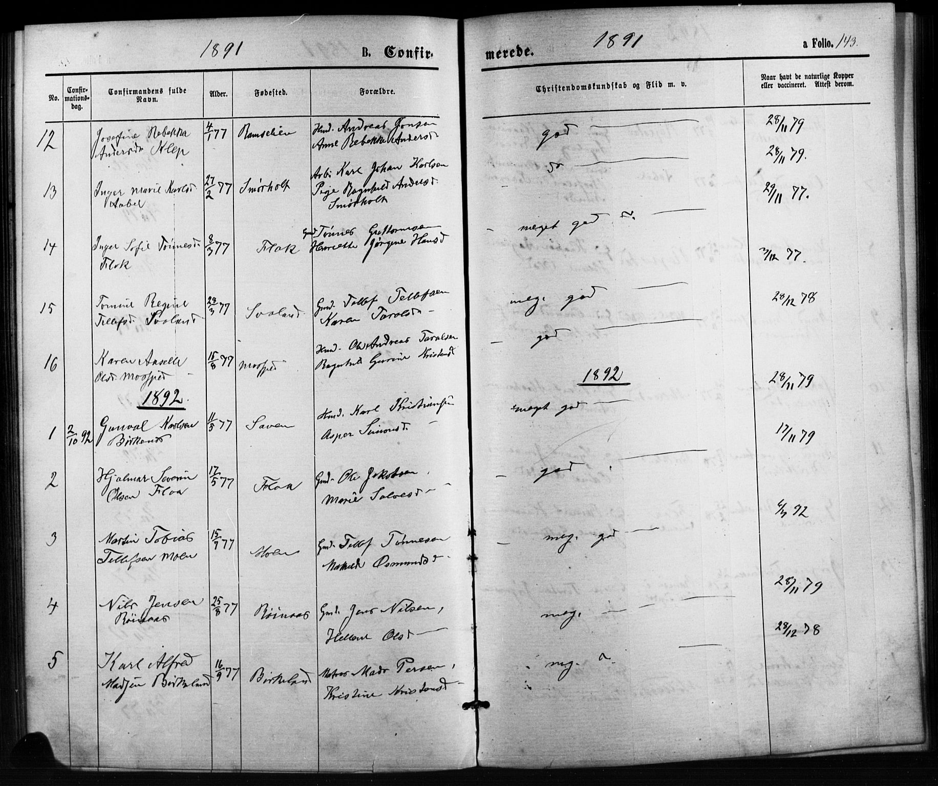 Birkenes sokneprestkontor, AV/SAK-1111-0004/F/Fb/L0003: Parish register (copy) no. B 3, 1876-1892, p. 143