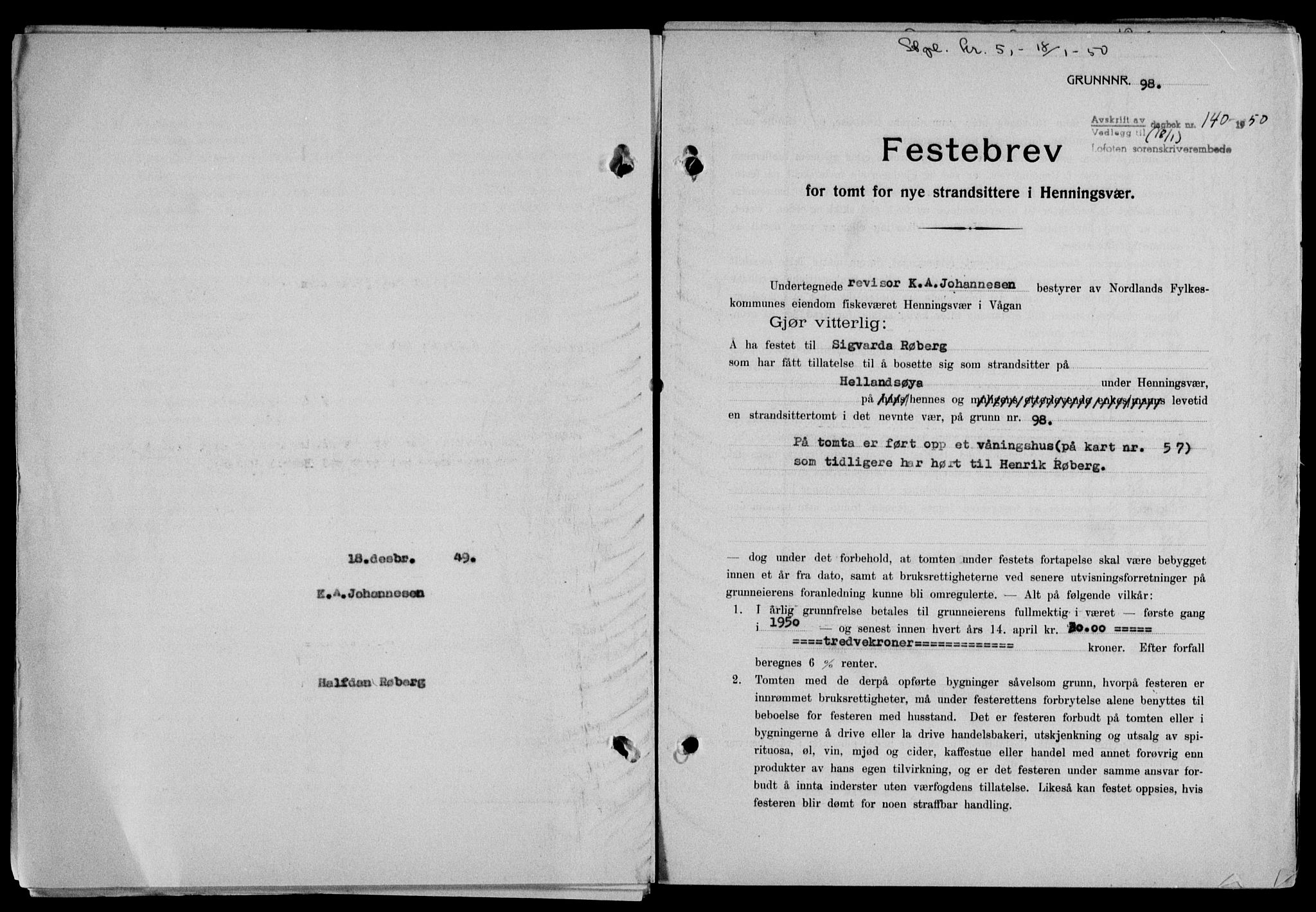 Lofoten sorenskriveri, SAT/A-0017/1/2/2C/L0022a: Mortgage book no. 22a, 1949-1950, Diary no: : 140/1950