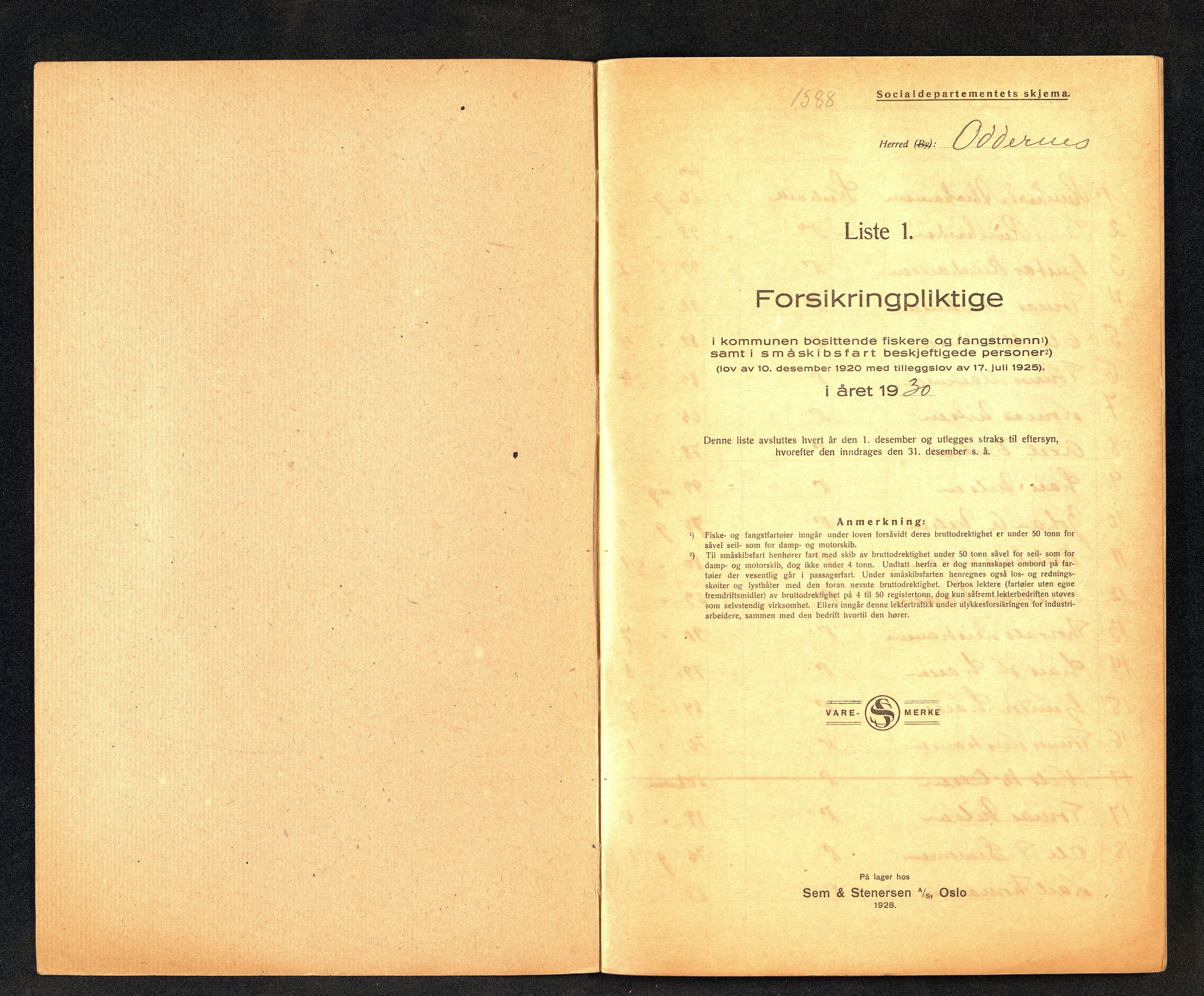 Oddernes kommune - Fiskermanntallnemnda, ARKSOR/1001OD622/F/L0001/0004: Manntall over forsikringspliktige fiskere og fangstmenn / Manntall over forsikringspliktige fiskere og fangstmenn, 1930