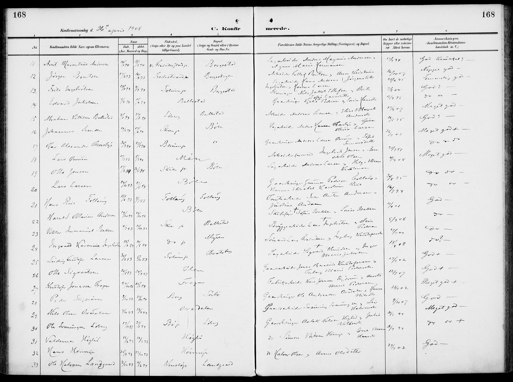 Gjerpen kirkebøker, SAKO/A-265/F/Fa/L0012: Parish register (official) no. I 12, 1905-1913, p. 168