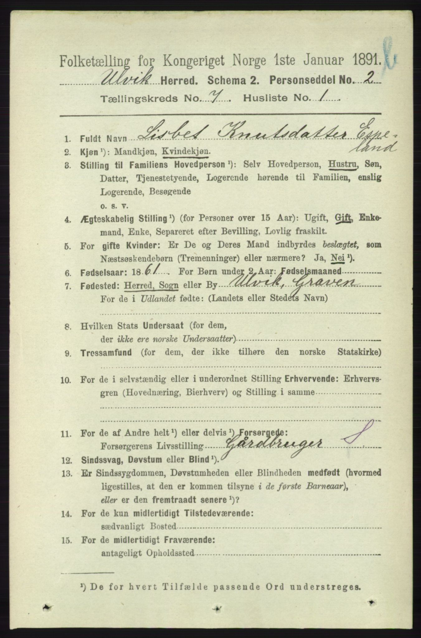 RA, 1891 census for 1233 Ulvik, 1891, p. 2271