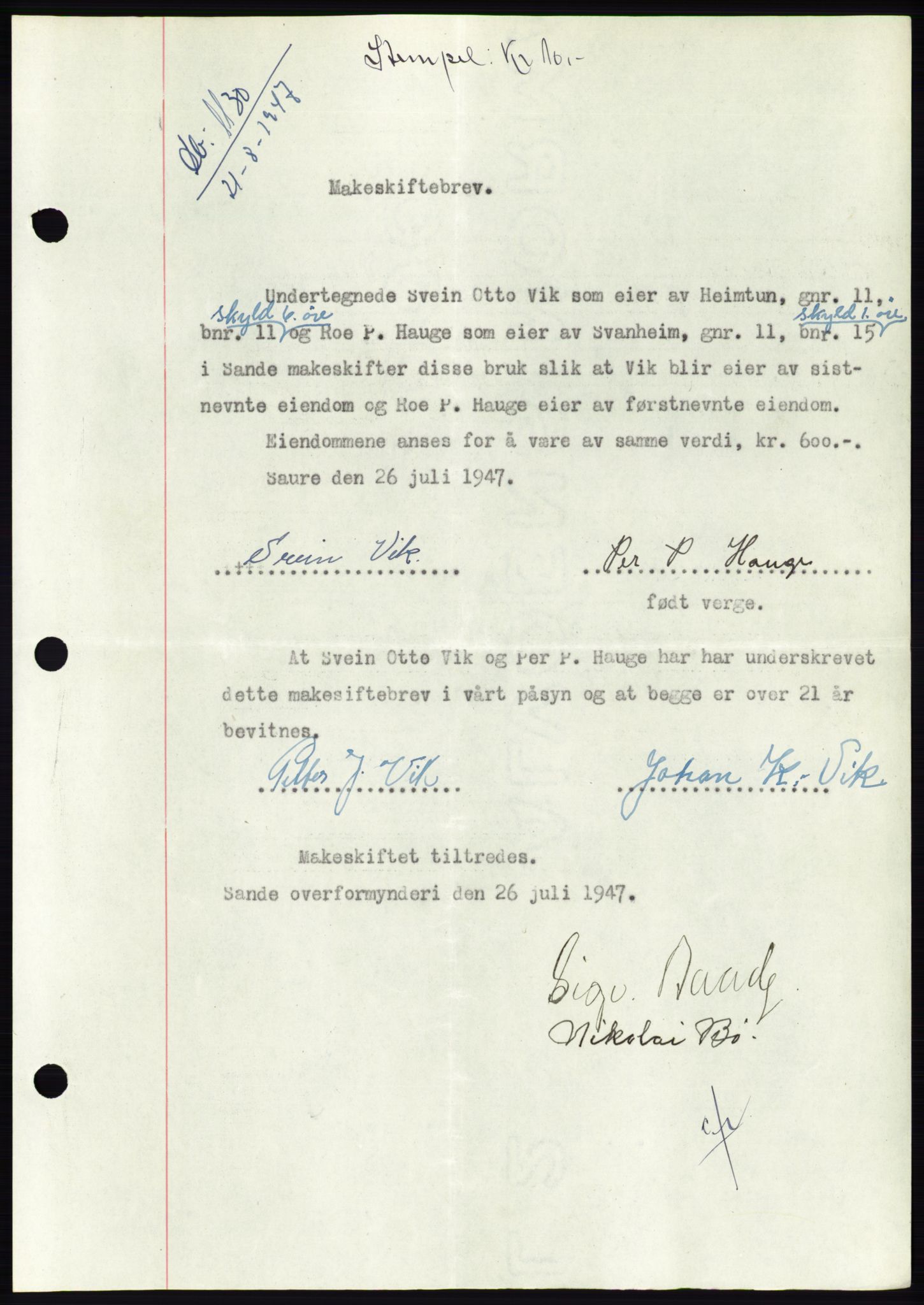 Søre Sunnmøre sorenskriveri, SAT/A-4122/1/2/2C/L0081: Mortgage book no. 7A, 1947-1948, Diary no: : 1130/1947