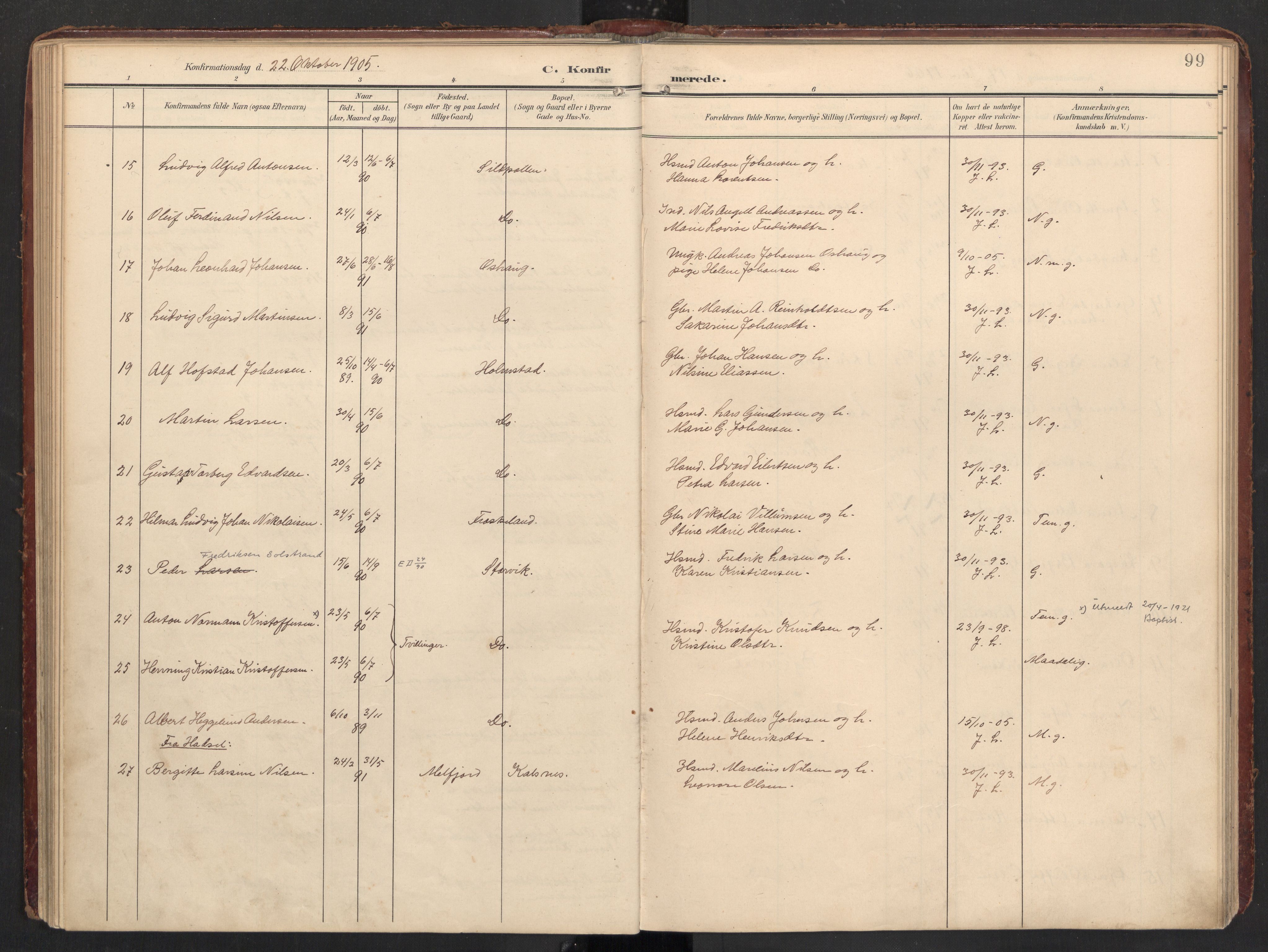 Ministerialprotokoller, klokkerbøker og fødselsregistre - Nordland, AV/SAT-A-1459/890/L1287: Parish register (official) no. 890A02, 1903-1915, p. 99