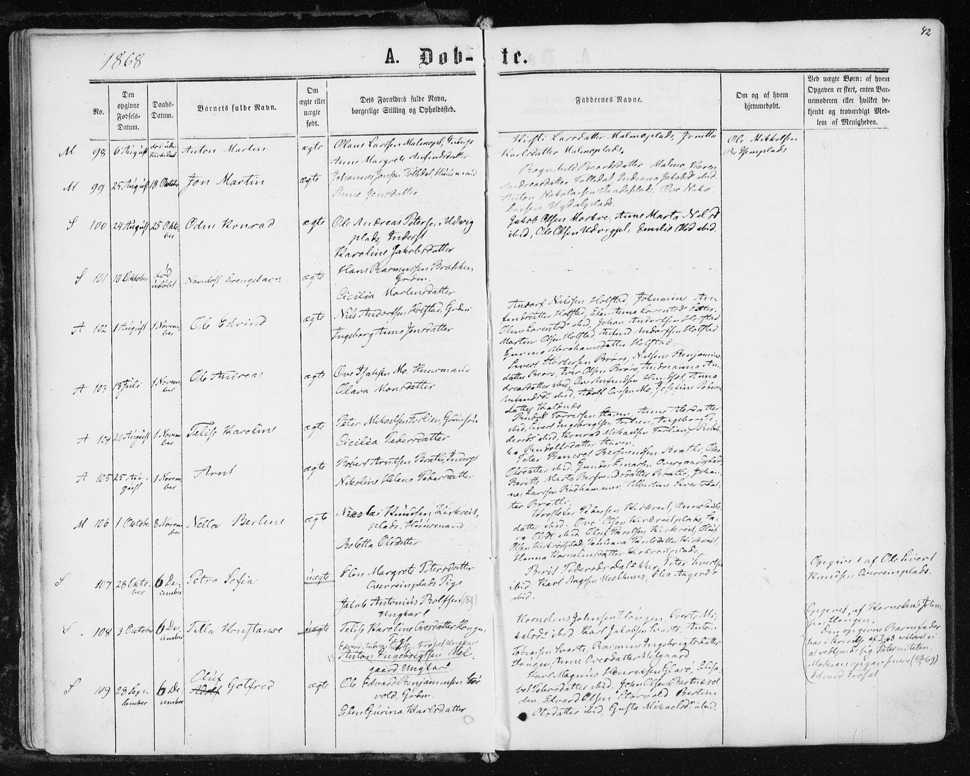 Ministerialprotokoller, klokkerbøker og fødselsregistre - Nord-Trøndelag, AV/SAT-A-1458/741/L0394: Parish register (official) no. 741A08, 1864-1877, p. 42