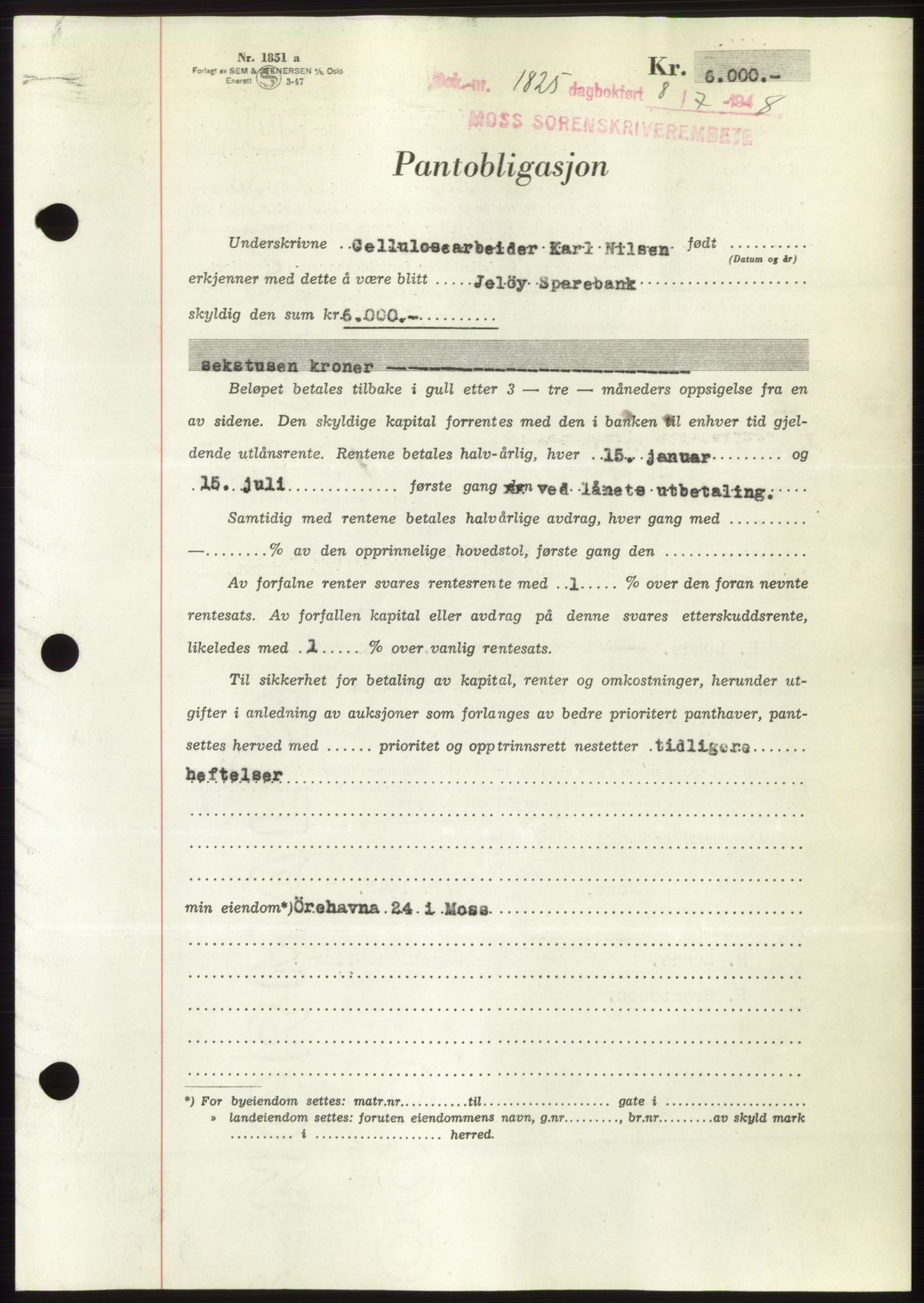 Moss sorenskriveri, AV/SAO-A-10168: Mortgage book no. B20, 1948-1948, Diary no: : 1825/1948