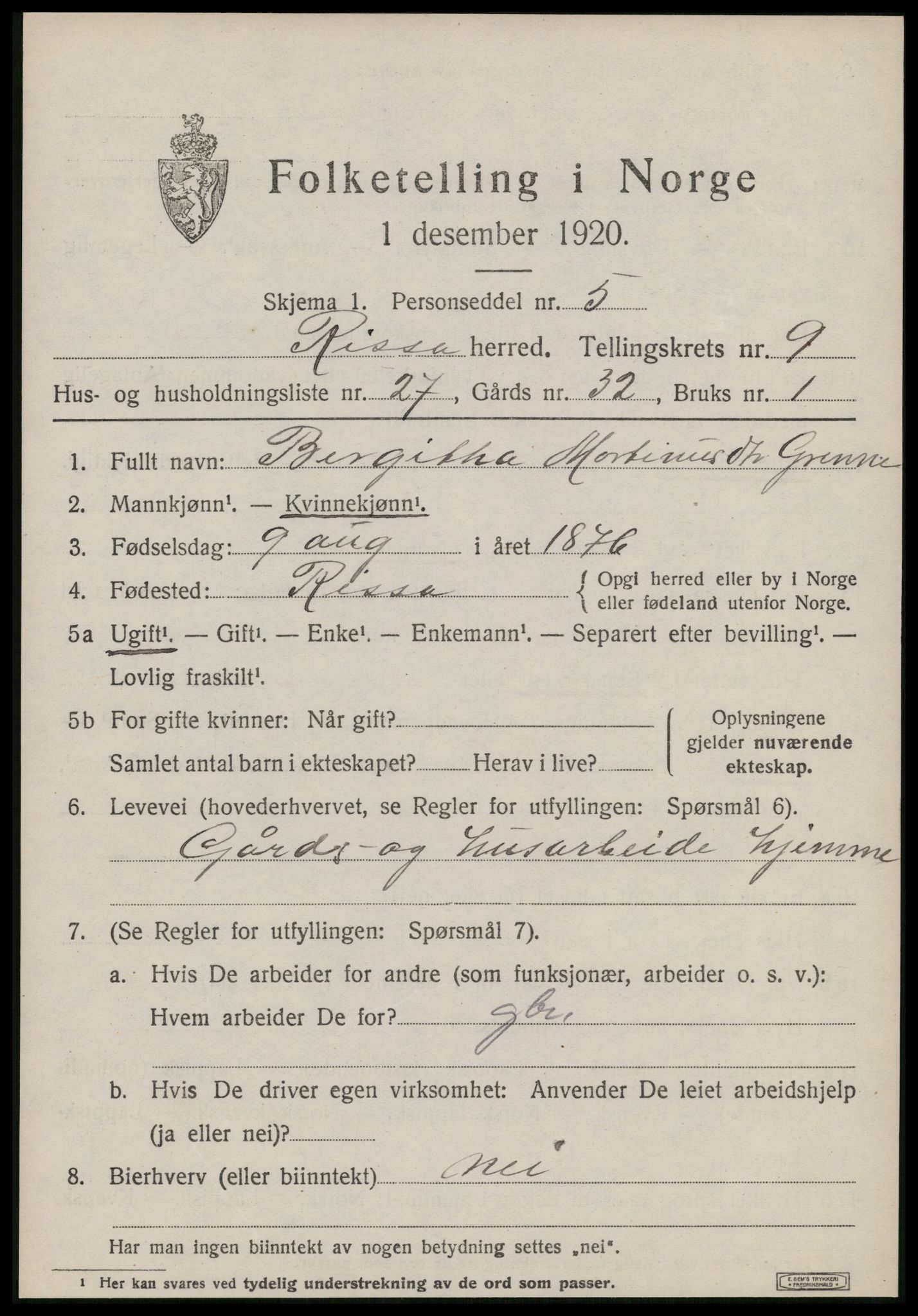 SAT, 1920 census for Rissa, 1920, p. 6319