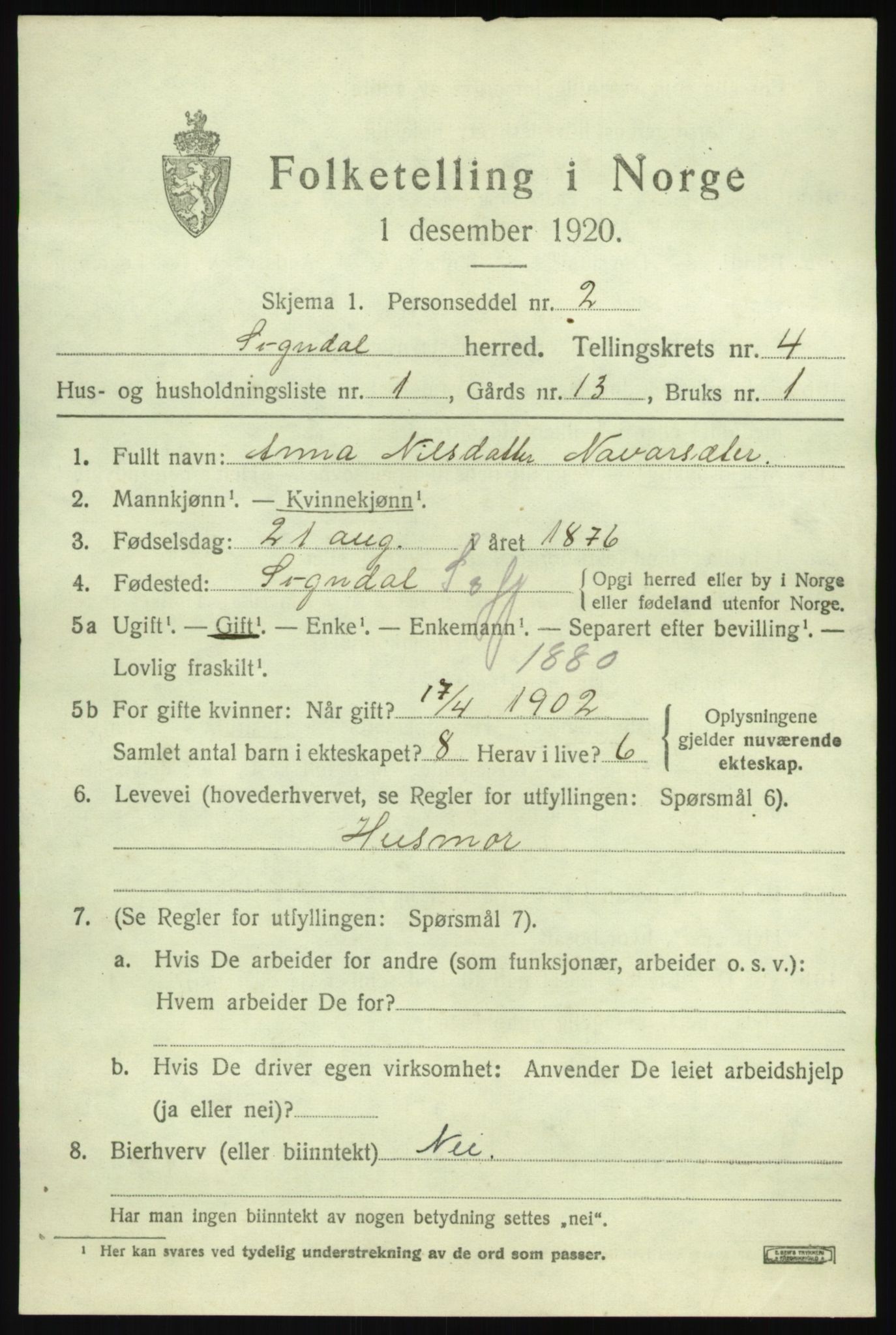 SAB, 1920 census for Sogndal, 1920, p. 2381