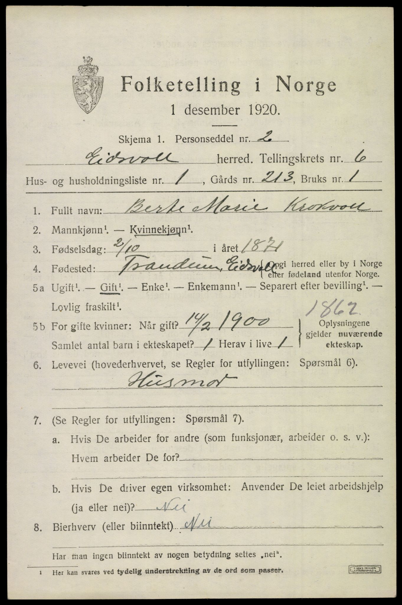 SAO, 1920 census for Eidsvoll, 1920, p. 10743