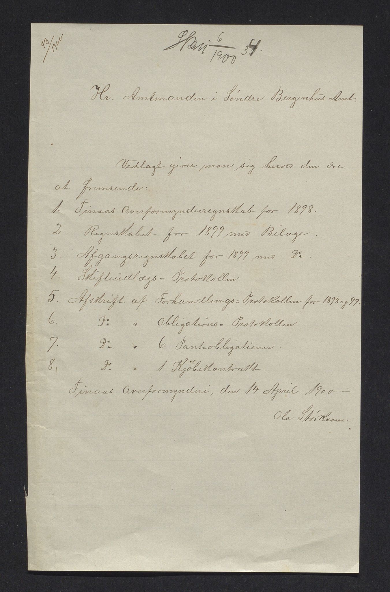 Finnaas kommune. Overformynderiet, IKAH/1218a-812/R/Ra/Raa/L0006/0008: Årlege rekneskap m/vedlegg / Årlege rekneskap m/vedlegg, 1899