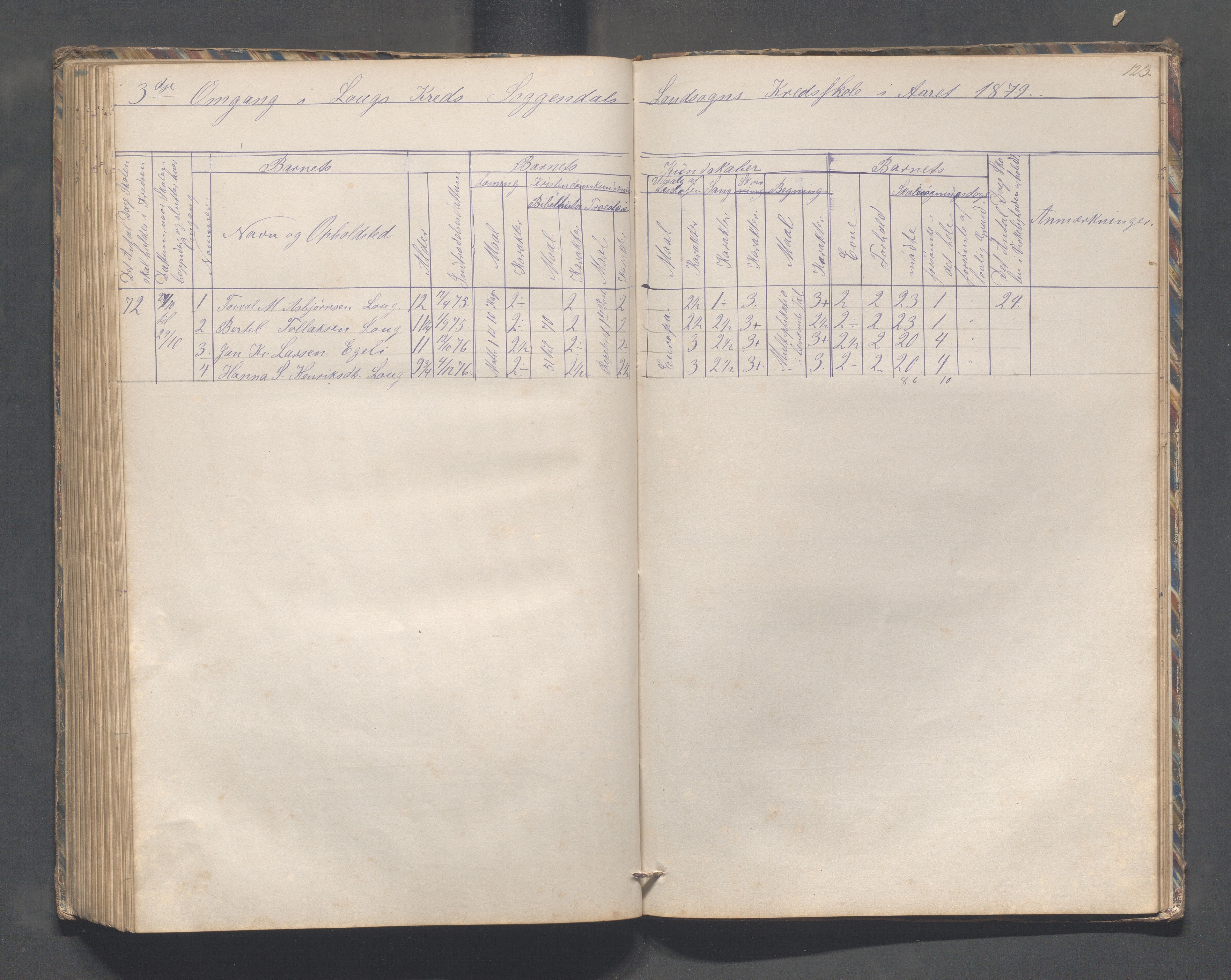 Sokndal kommune- Skolestyret/Skolekontoret, IKAR/K-101142/H/L0010: Skoleprotokoll - Åna-Sira, Log, Brambo,Skogstad,Tellnes, 1865-1886, p. 123