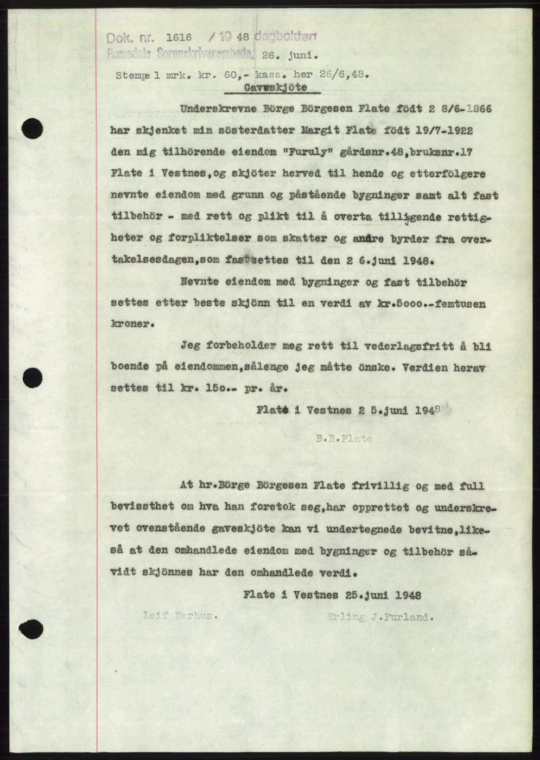 Romsdal sorenskriveri, AV/SAT-A-4149/1/2/2C: Mortgage book no. A26, 1948-1948, Diary no: : 1616/1948