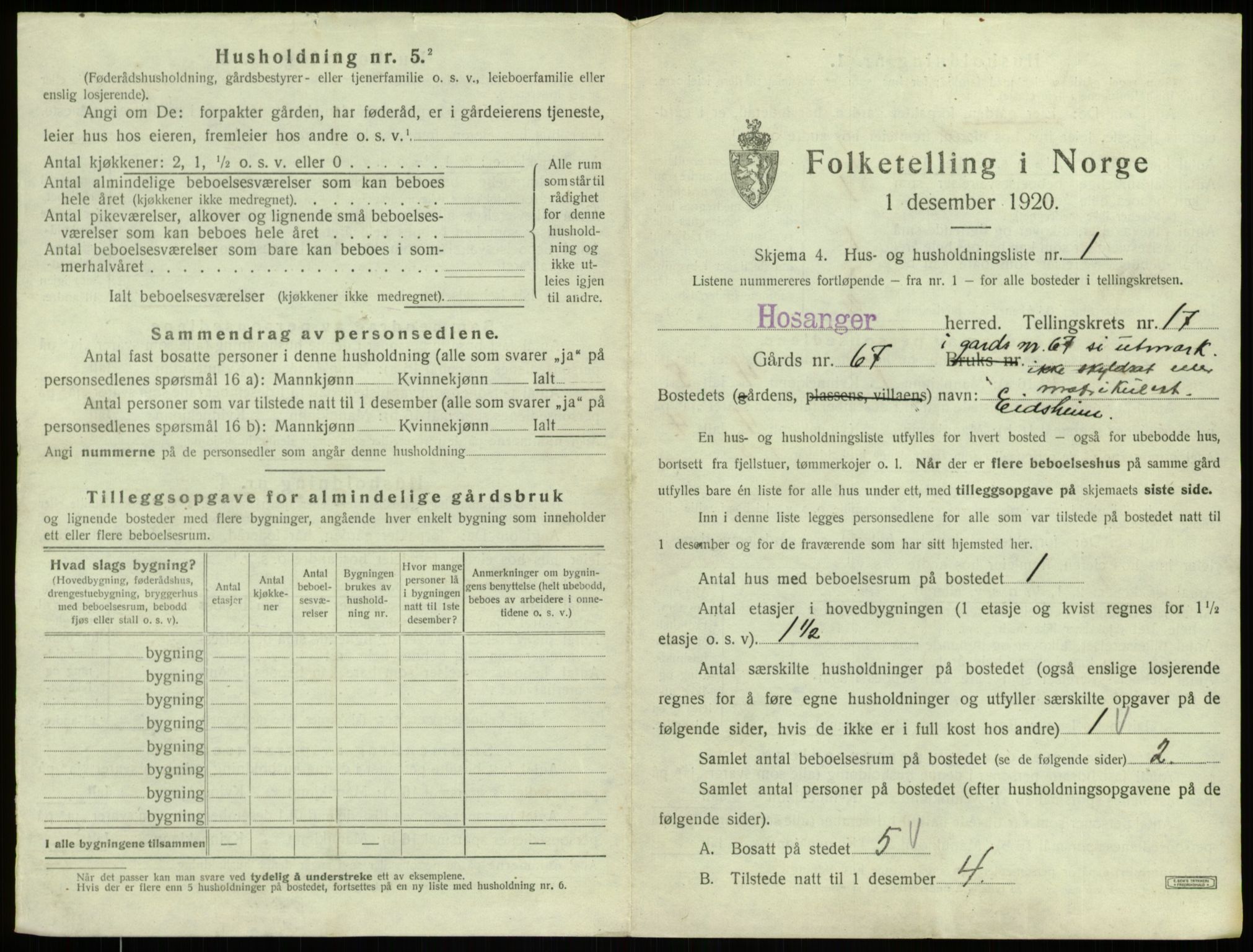 SAB, 1920 census for Hosanger, 1920, p. 885