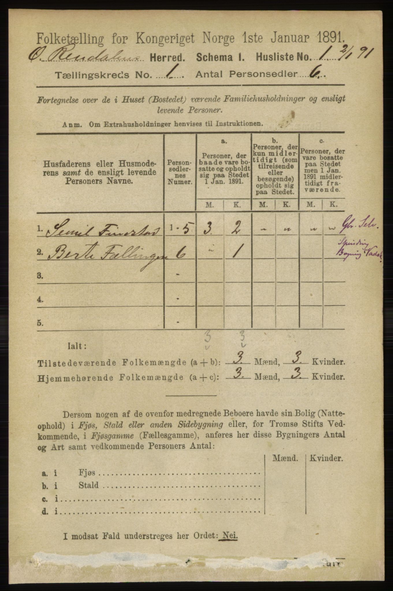 RA, 1891 census for 0433 Øvre Rendal, 1891, p. 23