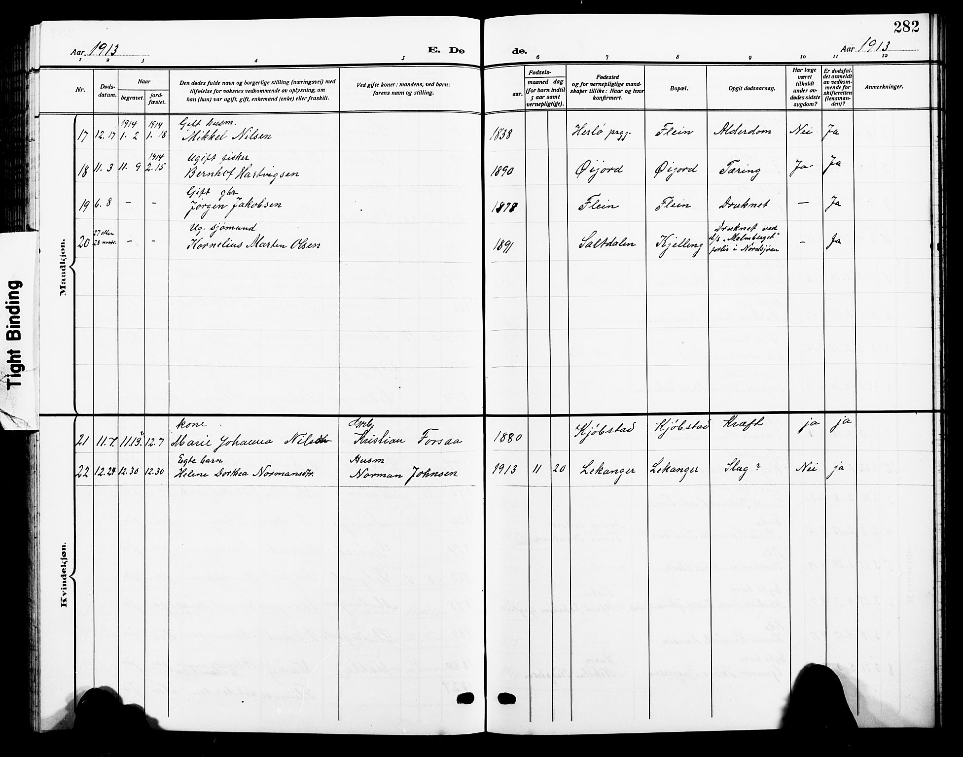 Ministerialprotokoller, klokkerbøker og fødselsregistre - Nordland, AV/SAT-A-1459/805/L0110: Parish register (copy) no. 805C06, 1909-1924, p. 282